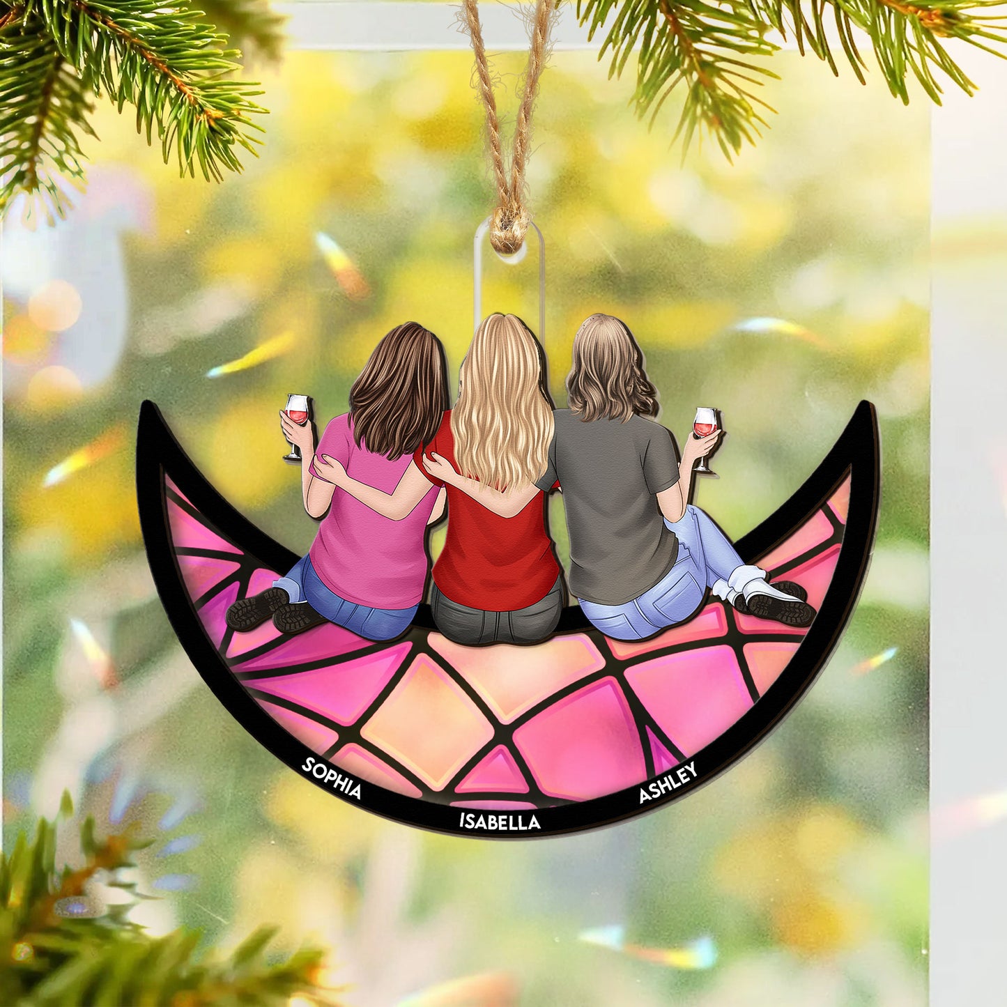 Friends, Sisters Sitting On The Moon - Personalized Suncatcher With Card