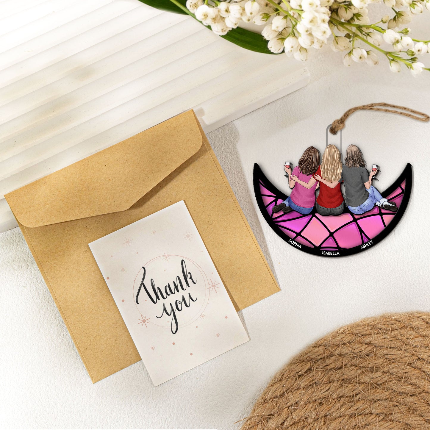 Friends, Sisters Sitting On The Moon - Personalized Suncatcher With Card