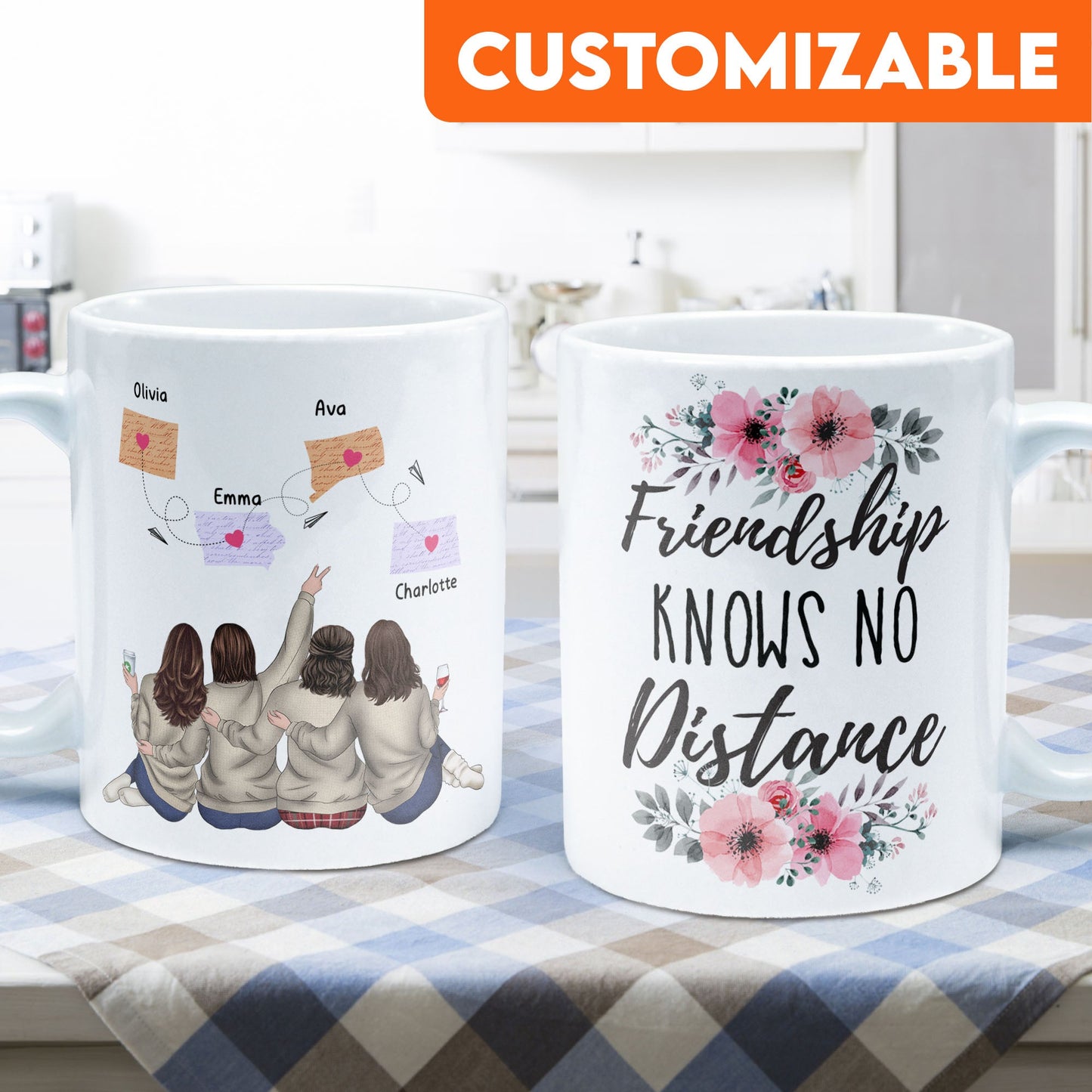 Friendship Knows No Distance - Personalized Mug - Birthday, Long Distance Friendship Gift For Sister, Soul Sister, Best Friend, BFF, Bestie, Friend - State Girls