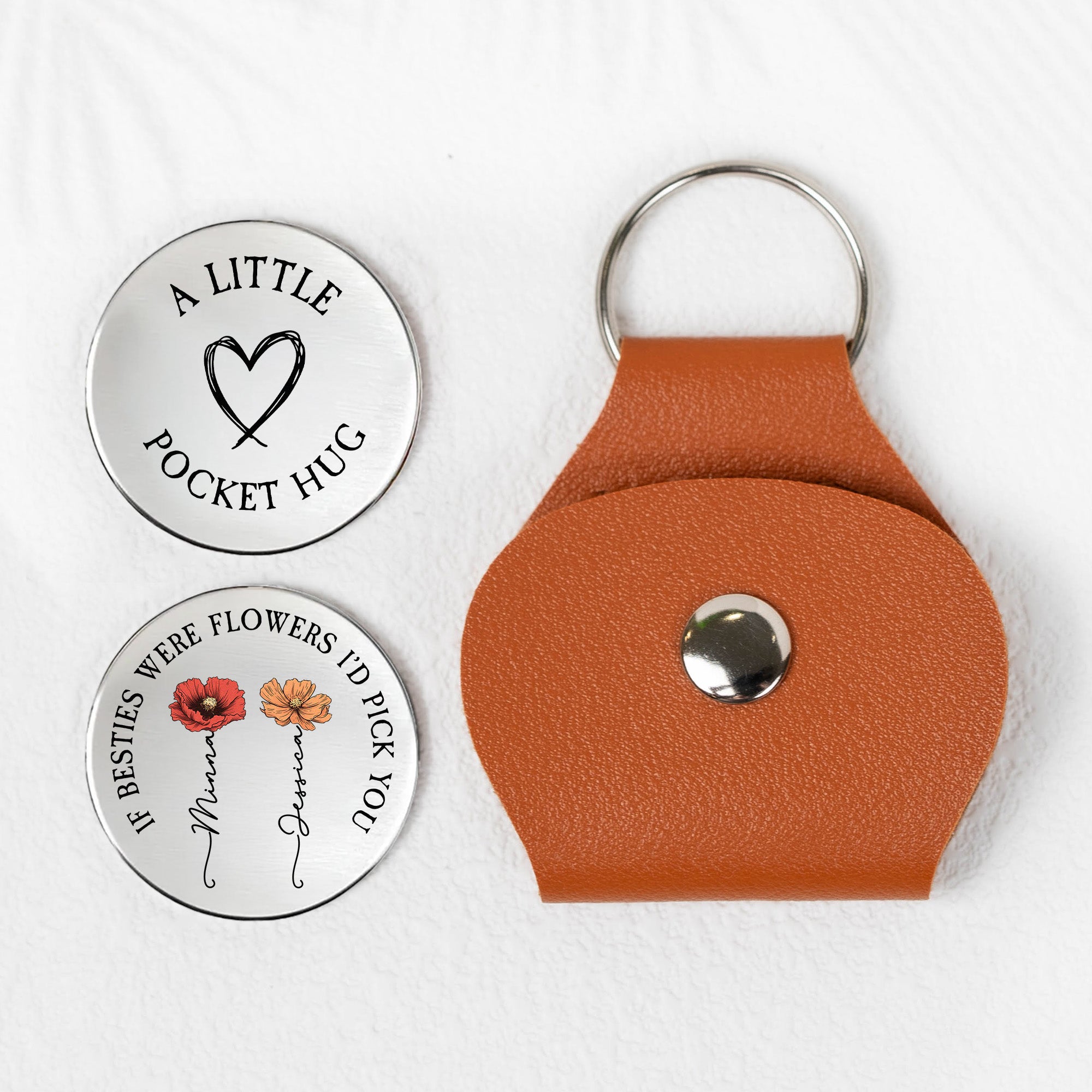 Friendship Thank You Gifts For Sisters, Besties - Custom Birth Flowers - Personalized Leather Pocket Hug