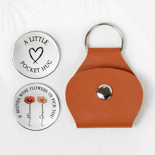 Friendship Thank You Gifts For Sisters, Besties - Custom Birth Flowers - Personalized Leather Pocket Hug