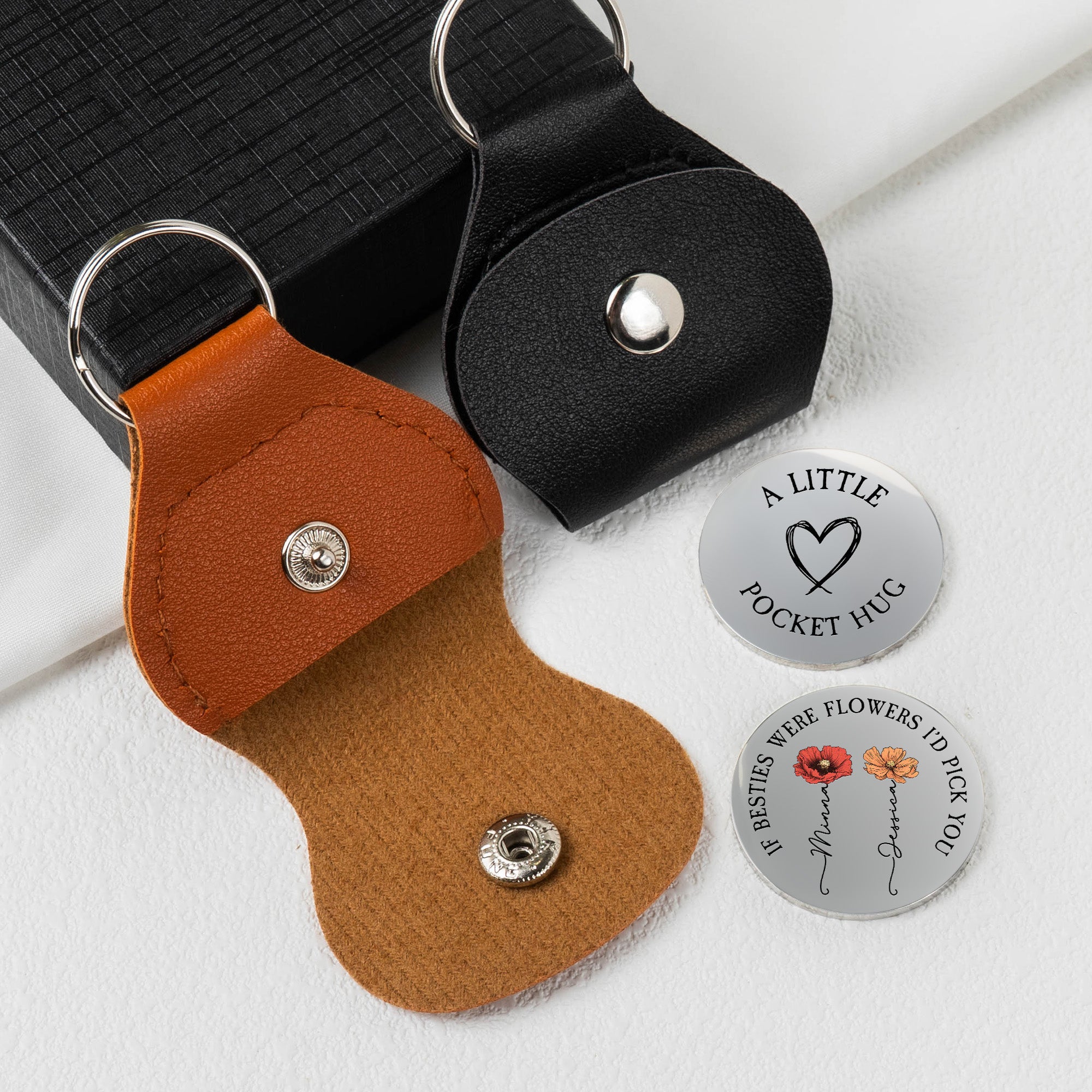 Friendship Thank You Gifts For Sisters, Besties - Custom Birth Flowers - Personalized Leather Pocket Hug