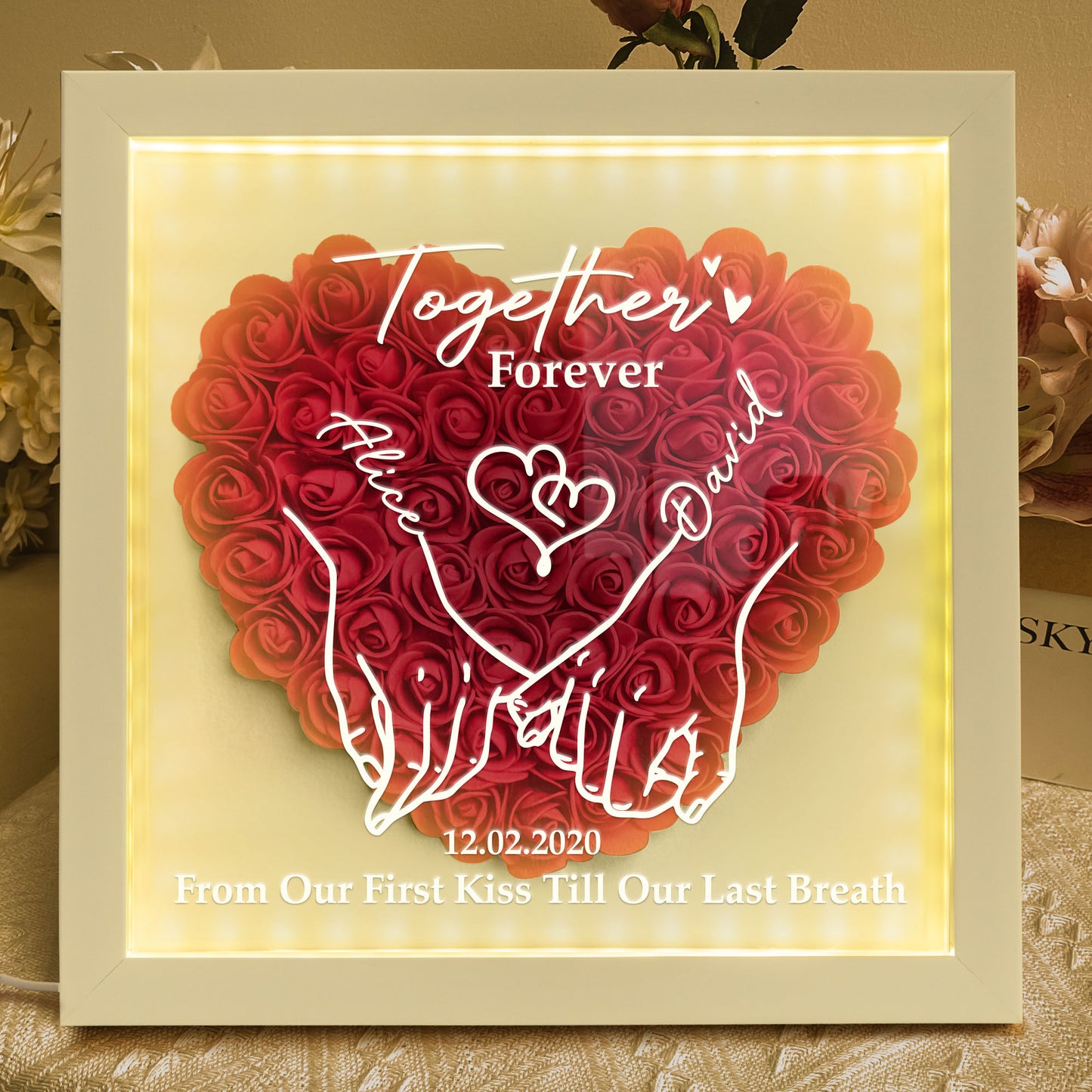 From Our First Kiss Till Our Last Breath - Personalized Flower Shadow Box With LED Light