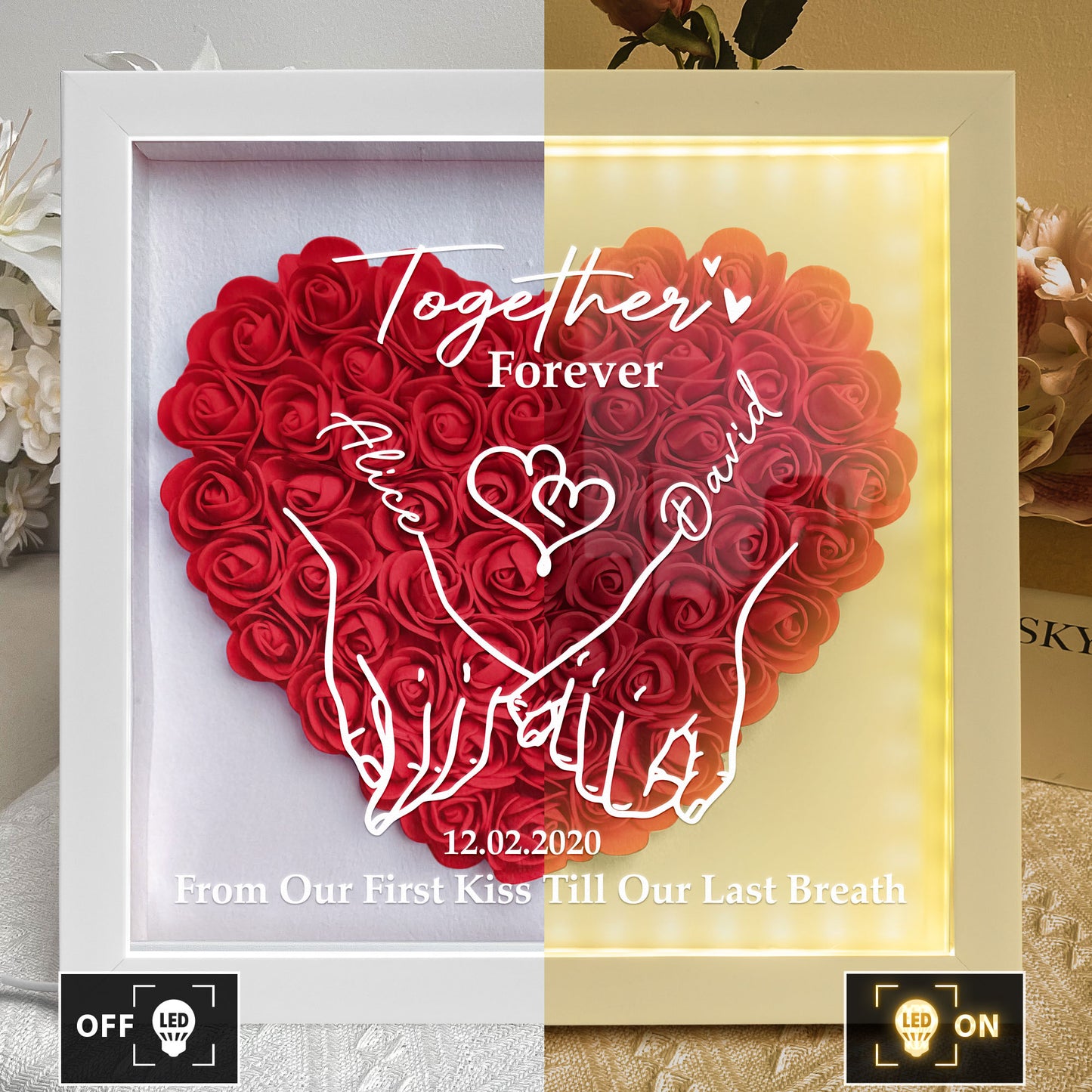 From Our First Kiss Till Our Last Breath - Personalized Flower Shadow Box With LED Light