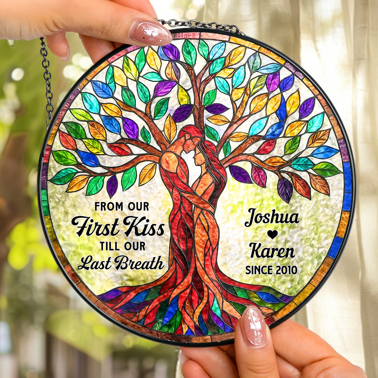 From Our First Kiss Tree Of Love - Personalized Stained Glass Window Hanging Suncatcher