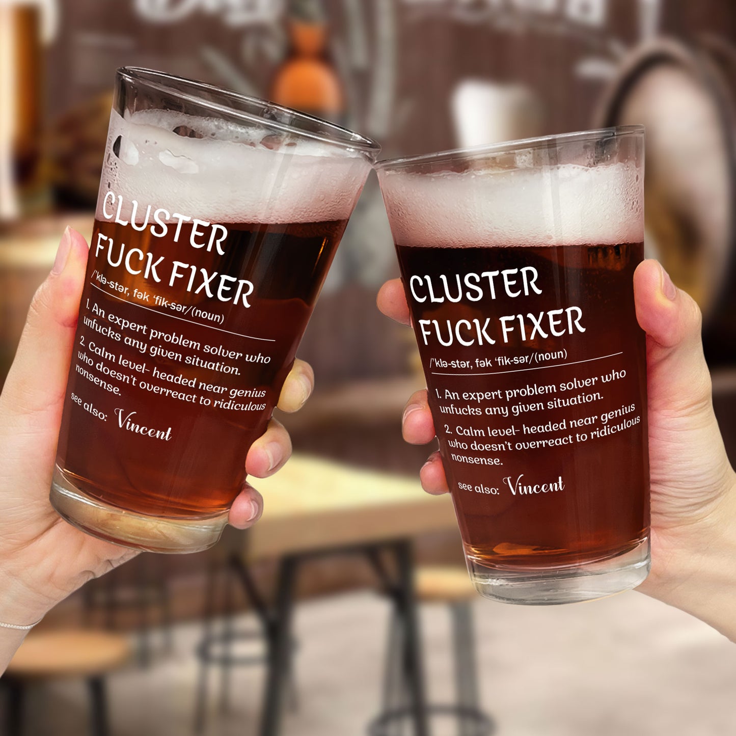 Funny Cup - Gifts For Boss, Coworkers - Cluster F*Ck Fixer - Custom Name - Personalized Beer Glass