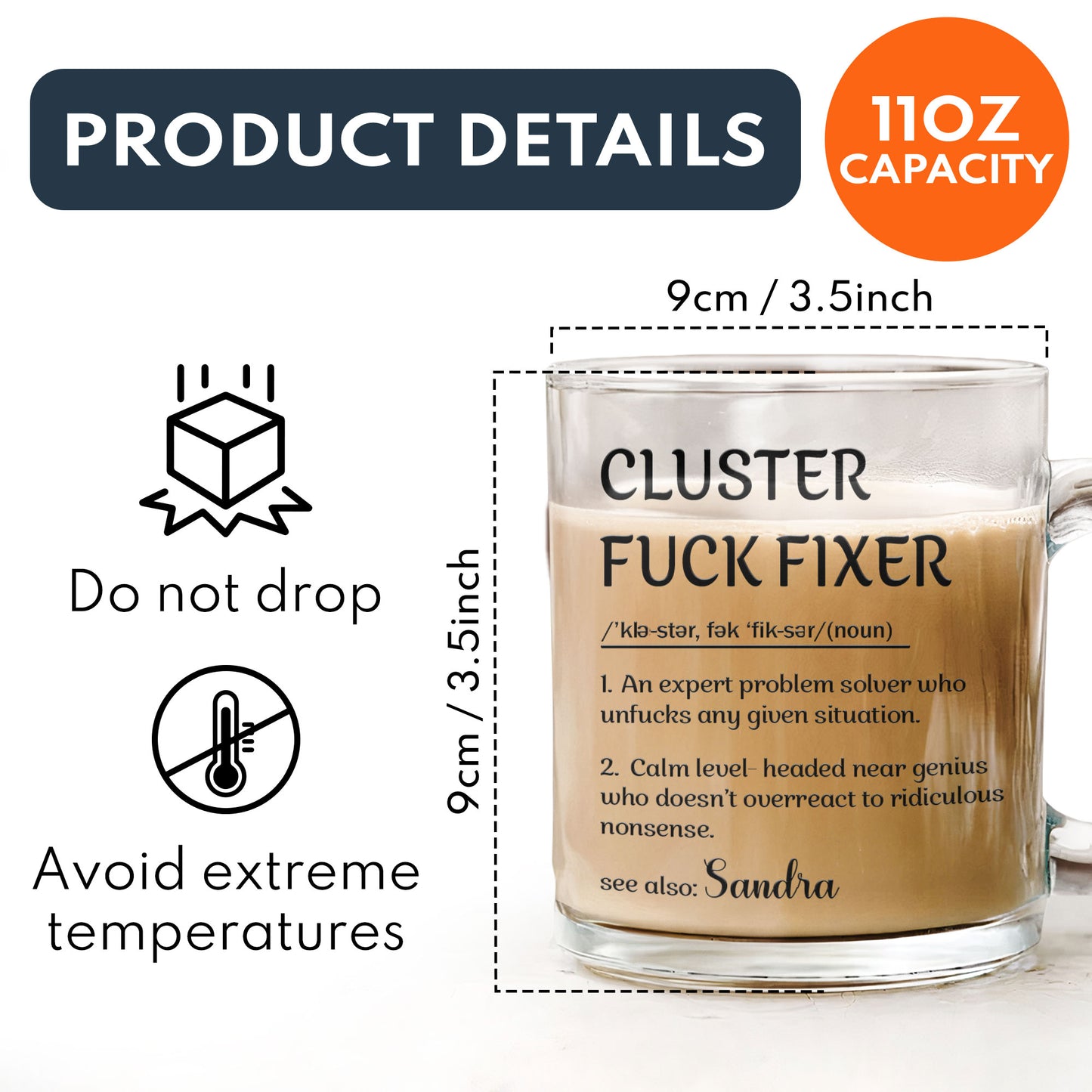 Funny Cup - Gifts For Boss, Coworkers - Cluster F*Ck Fixer - Custom Name - Personalized Glass Mug