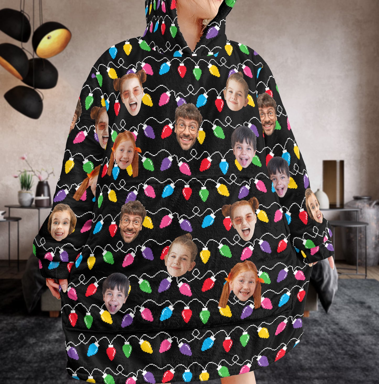 Funny Custom Big Face Christmas Lights - Personalized Photo Oversized Blanket Hoodie