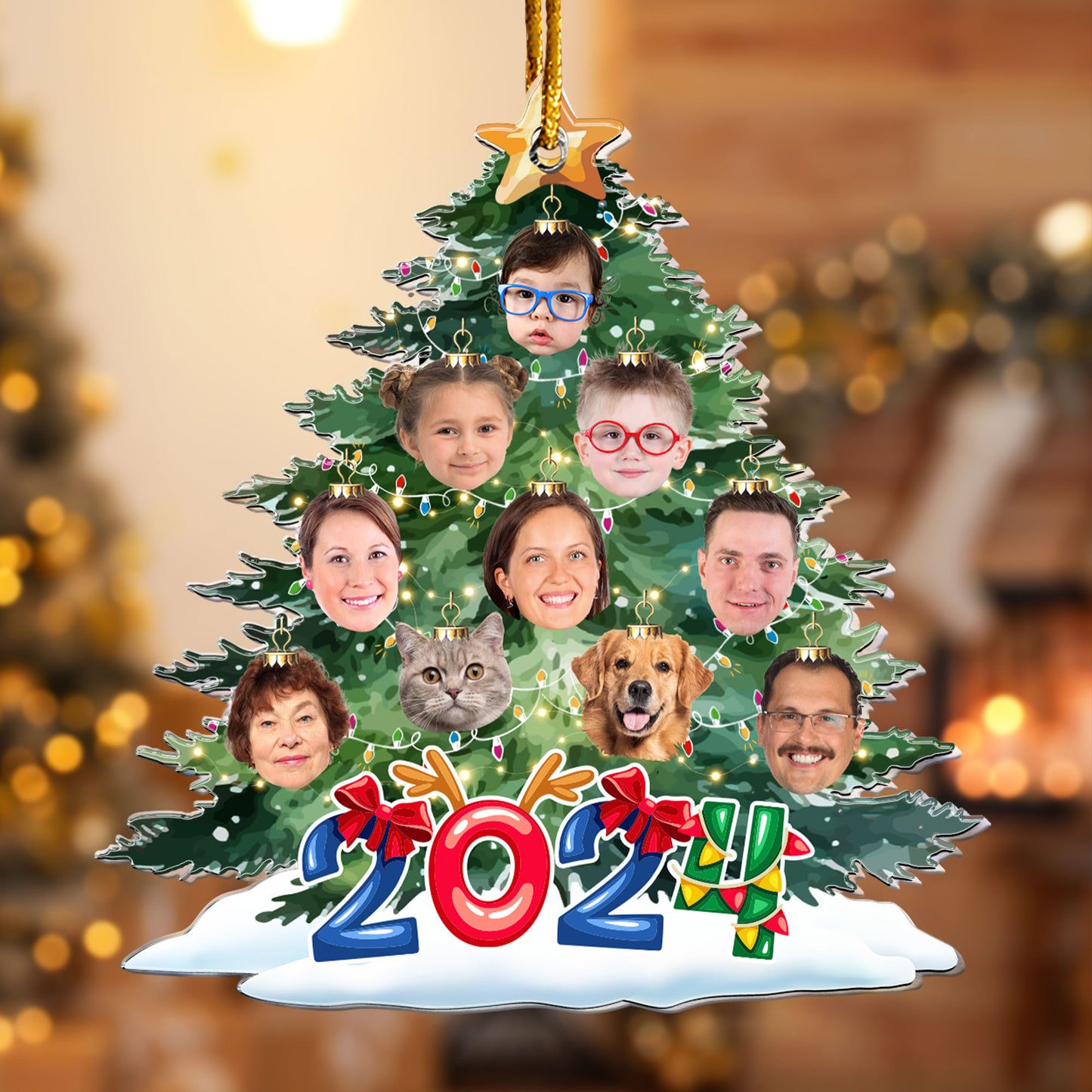 Funny Family Faces On The Christmas Tree - Personalized Acrylic Photo Ornament