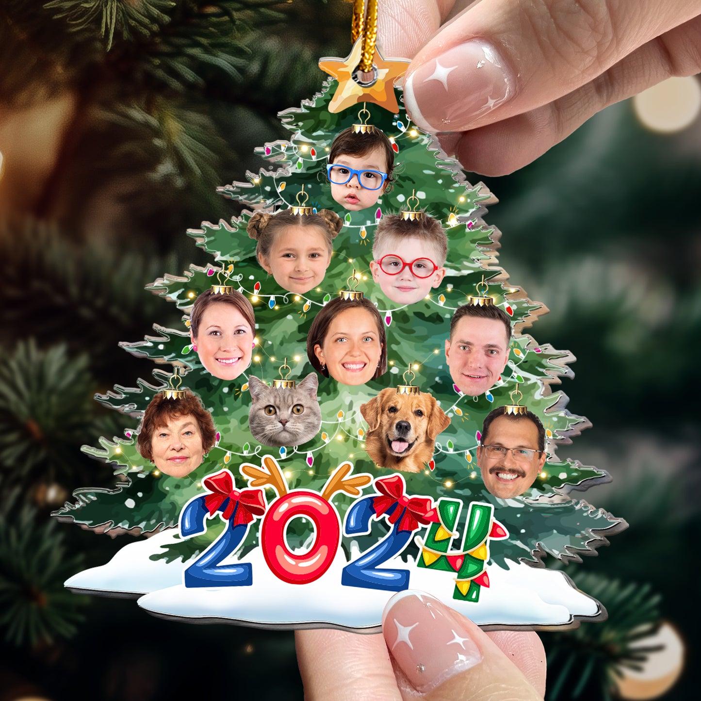 Funny Family Faces On The Christmas Tree - Personalized Acrylic Photo Ornament