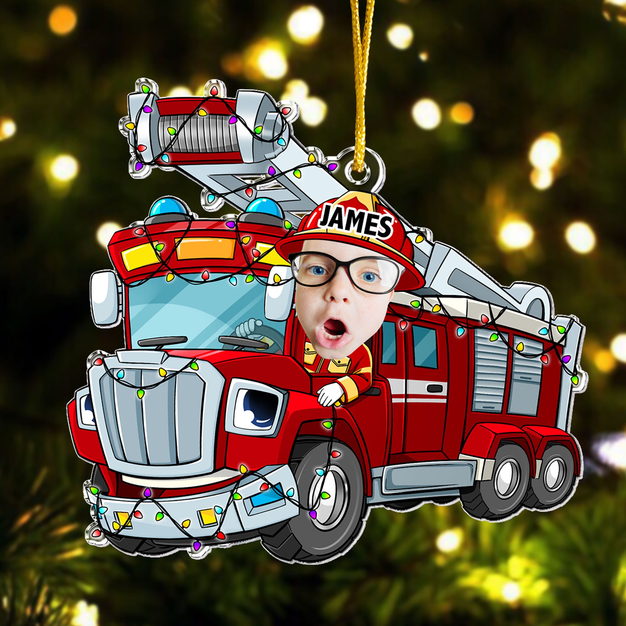 Funny Fire Truck Custom Kid Face - Personalized Acrylic Photo Ornament