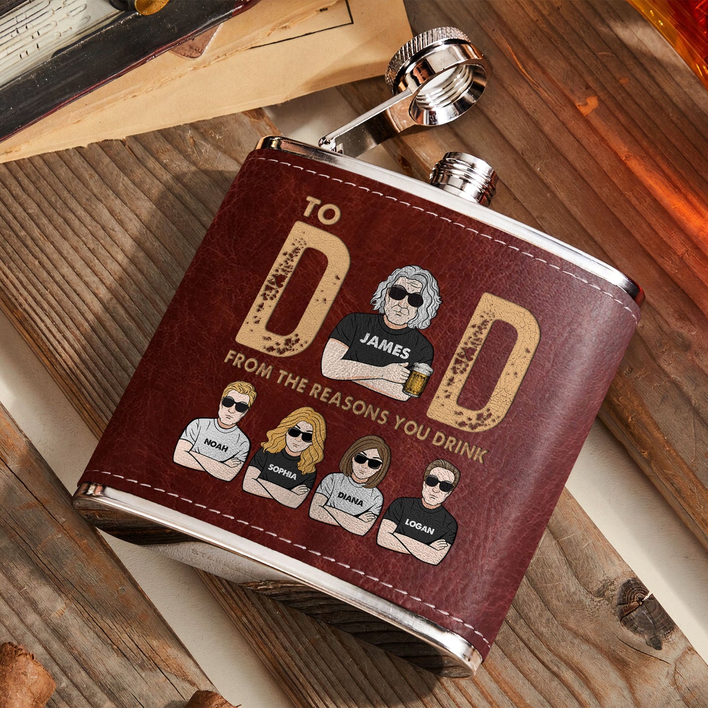 Funny Gift To Dad From The Reasons You Drink - Personalized Leather Flask