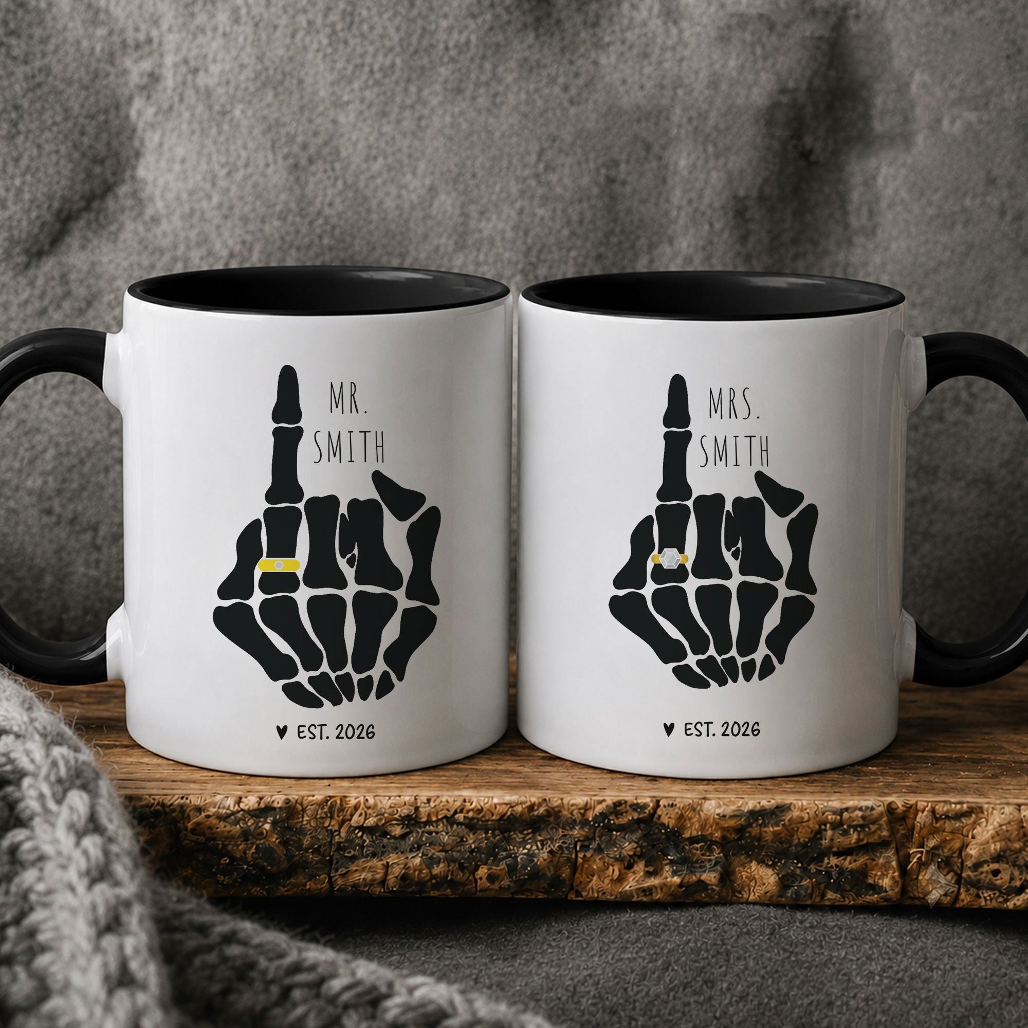 Funny Mr And Mrs Mug Skeleton Hand Wedding Engagement Gift - Personalized Mug