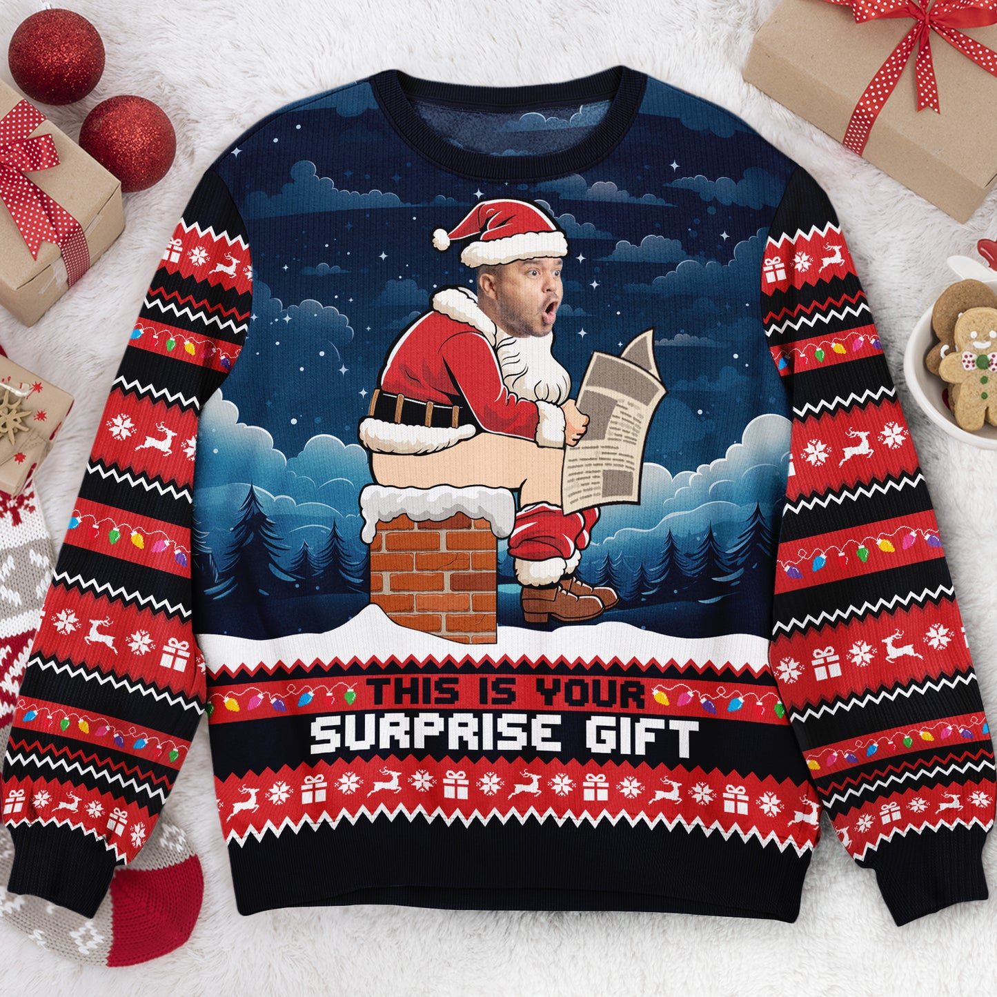 Funny Santa Face Photo Surprise Gag Gift - Personalized Photo Ugly Sweater