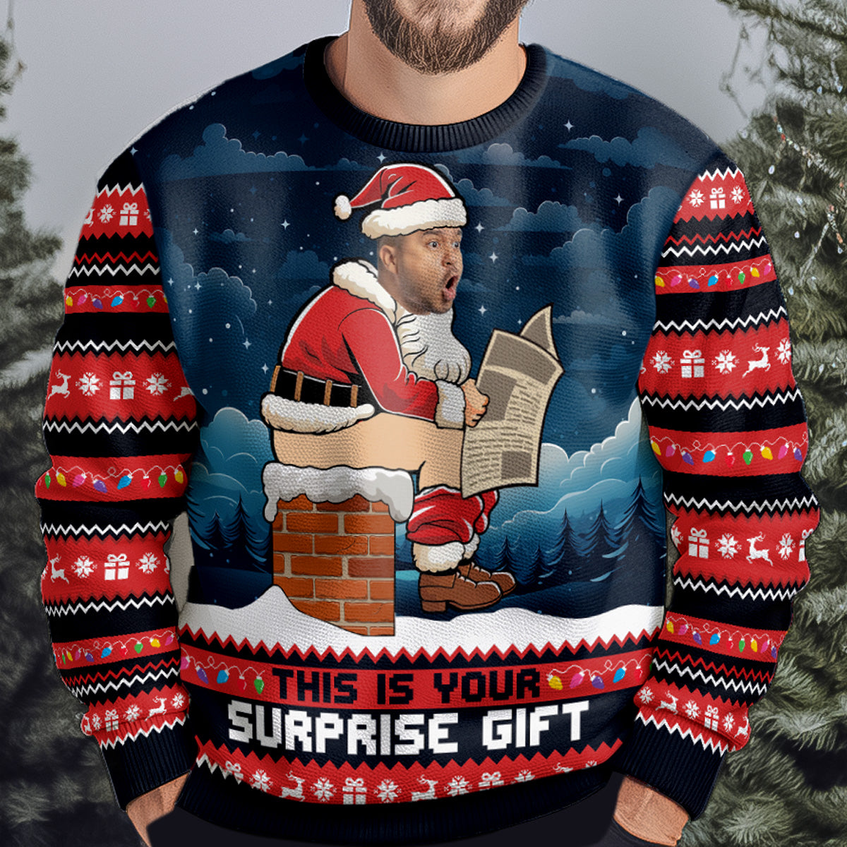 Funny Santa Face Photo Surprise Gag Gift - Personalized Photo Ugly Sweater