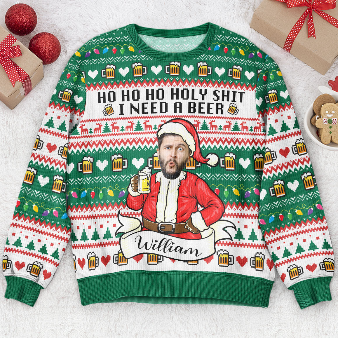 Funny Santa Ho Ho Ho Holy I Need A Beer - Personalized Photo Ugly Sweater