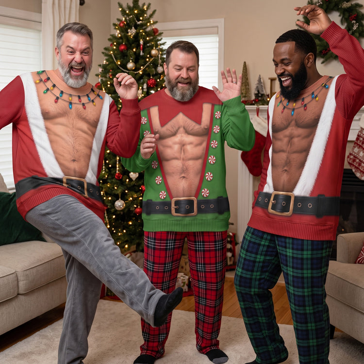 Funny-Santa,-Elf-With-Big-Hairy-Belly-Ugly-Sweater-Party-Family,-Coworkers-Personalized-Sweater-1