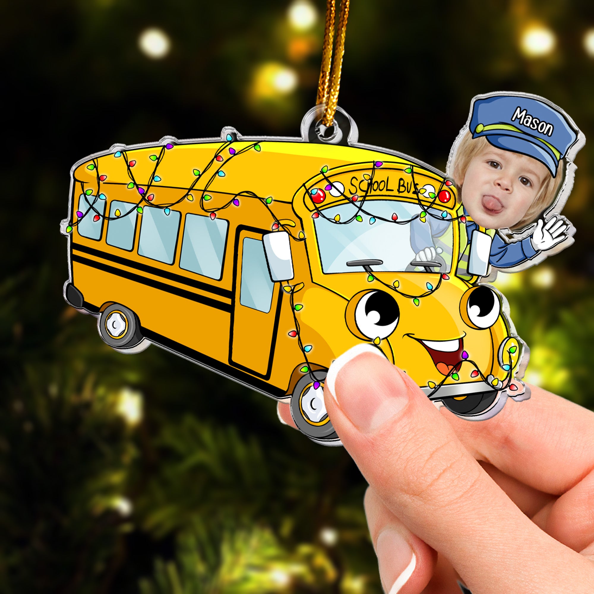 Fuuny School Bus Cartoon Custom Kid Face - Personalized Acrylic Photo Ornament