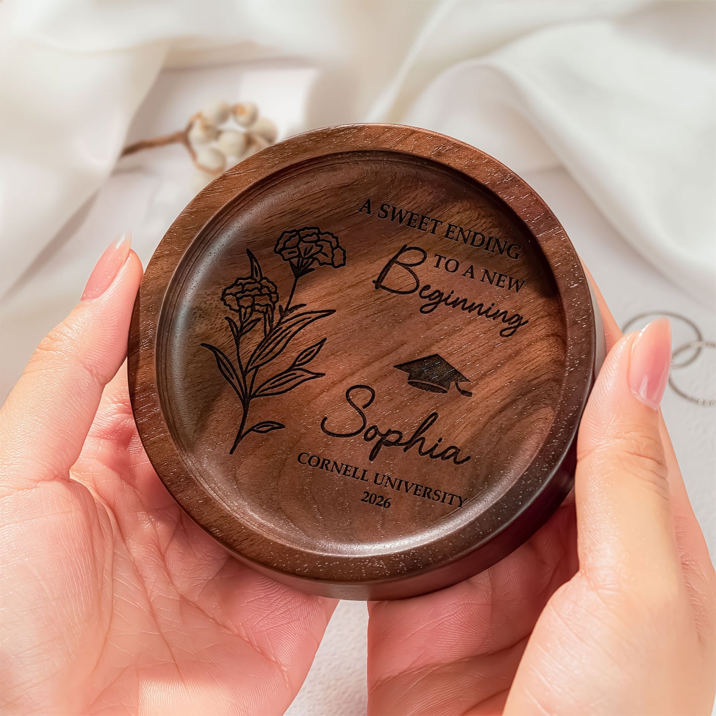 Graduation Gift For Her - Custom Birth Flowers - Personalized Wood Ring Dish
