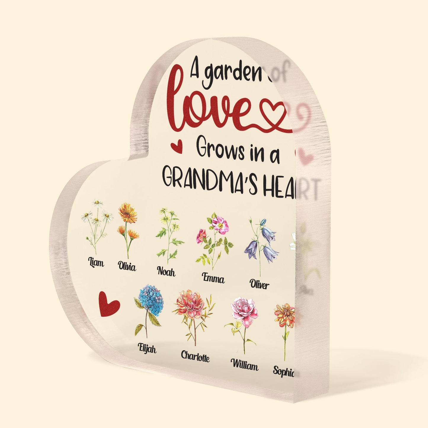 Garden Grows In Grandma's Heart - Personalized Heart Shaped Acrylic Plaque