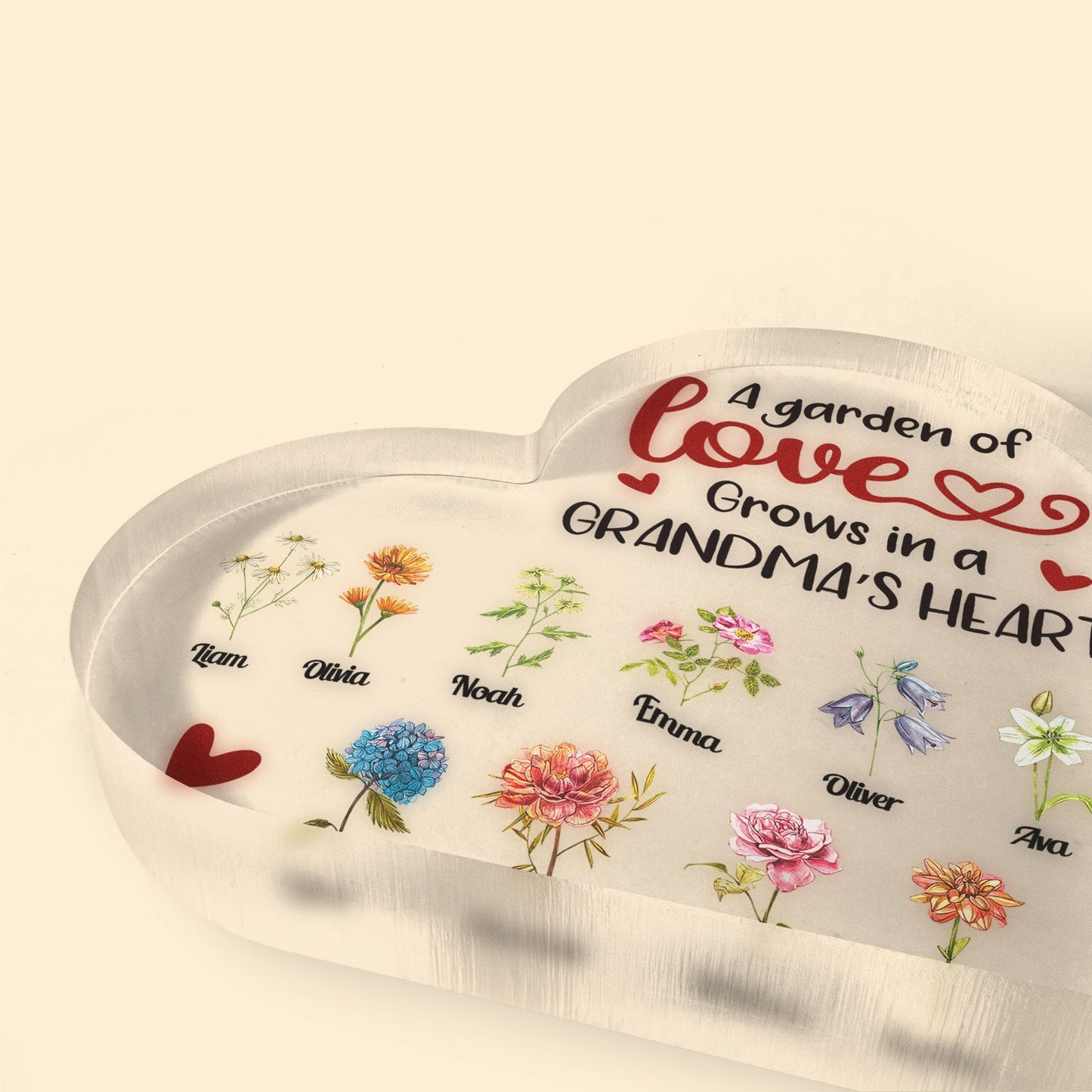 Garden Grows In Grandma's Heart - Personalized Heart Shaped Acrylic Plaque