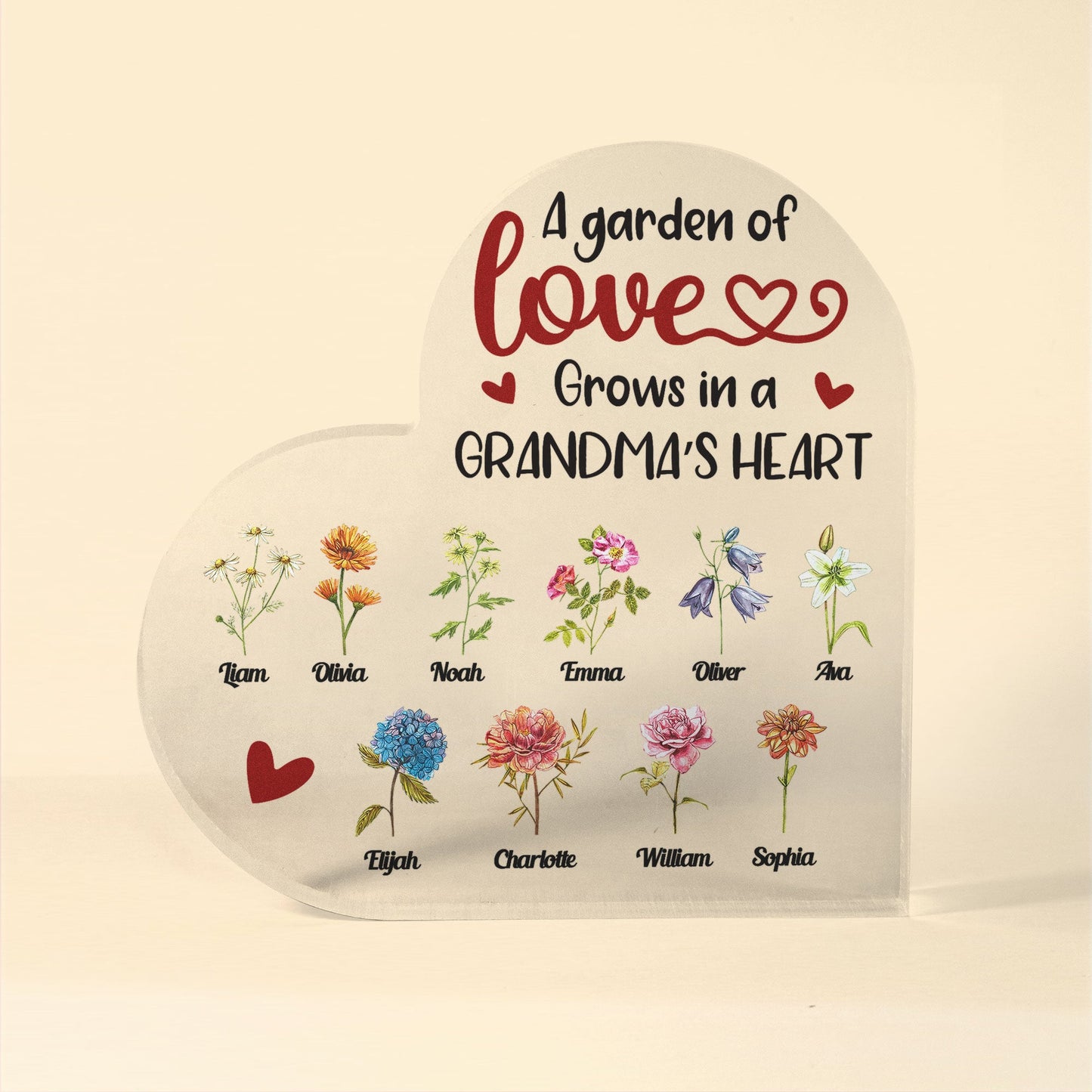 Garden Grows In Grandma's Heart - Personalized Heart Shaped Acrylic Plaque