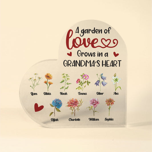 Garden Grows In Grandma's Heart - Personalized Heart Shaped Acrylic Plaque