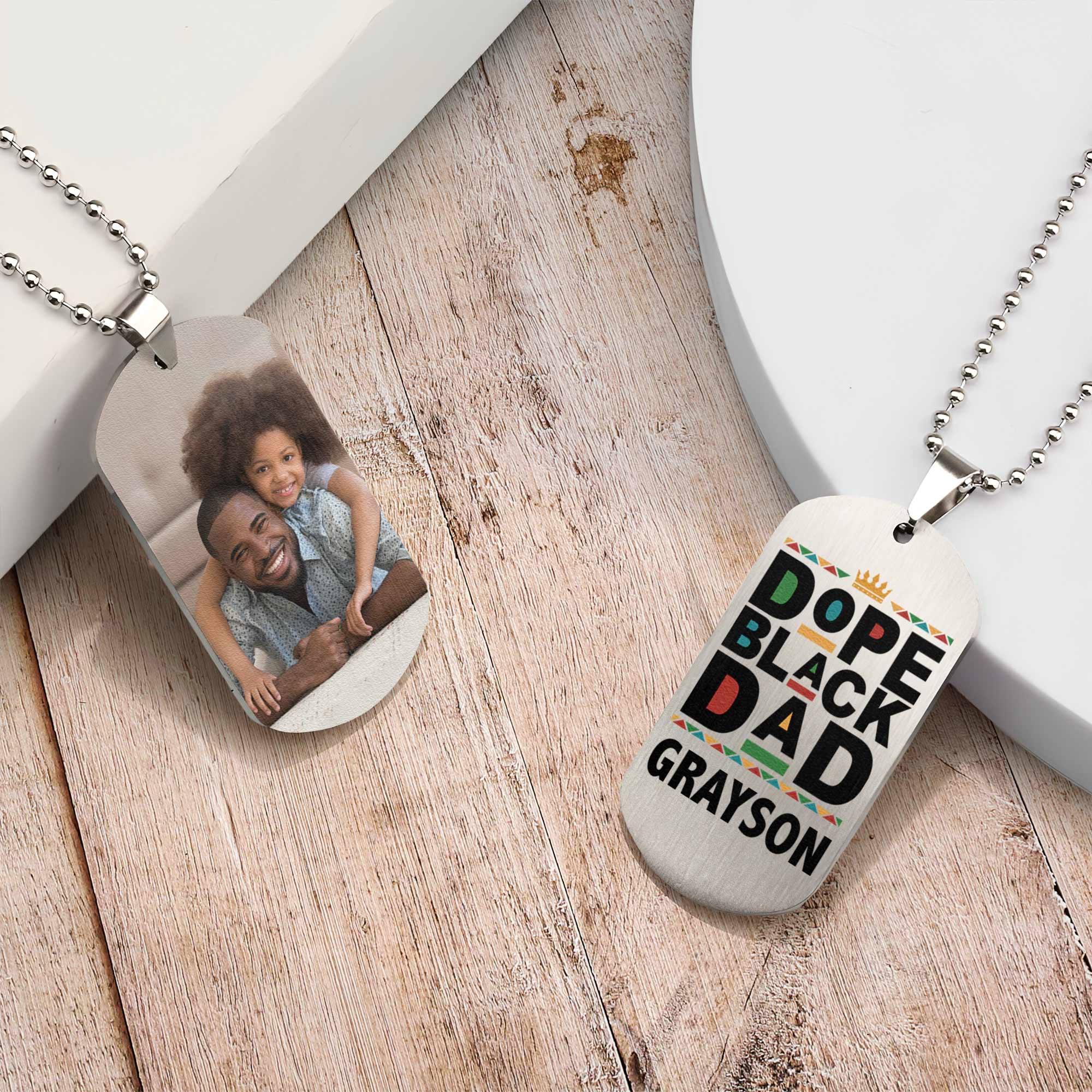 Gift For Dad Dope Black Dad - Personalized Photo Dog Tag Necklace