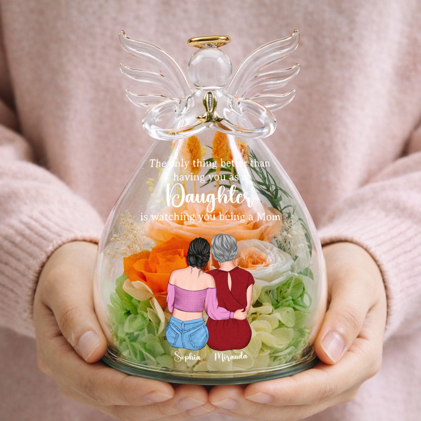 Gift For Daughter Gift For New Mom - Personalized Flower In Glass Angel Figurines