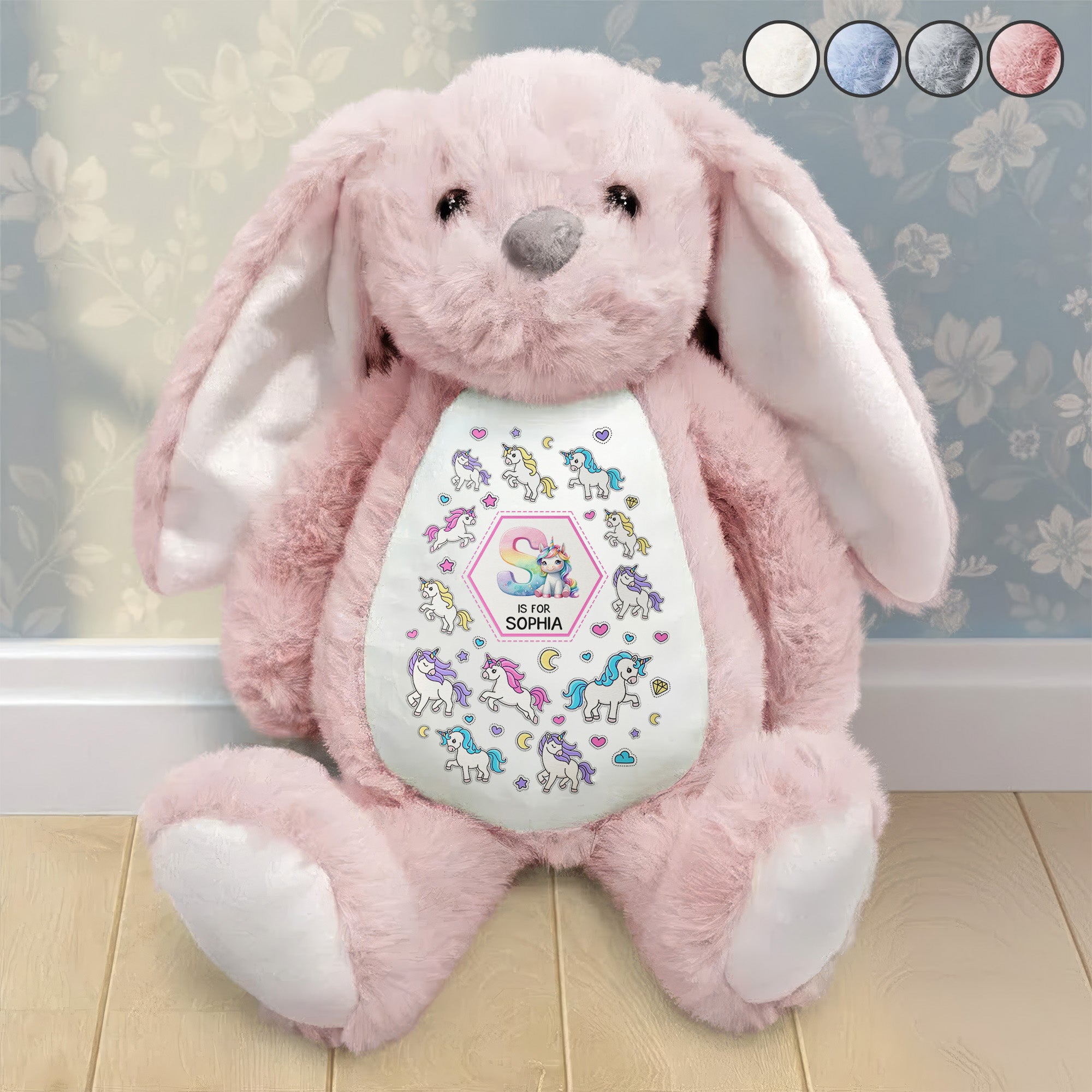 Gift-For-Kid-Construction,-Monster-Truck,-Unicorn-Letter-Personalized-Bunny-Plush-1