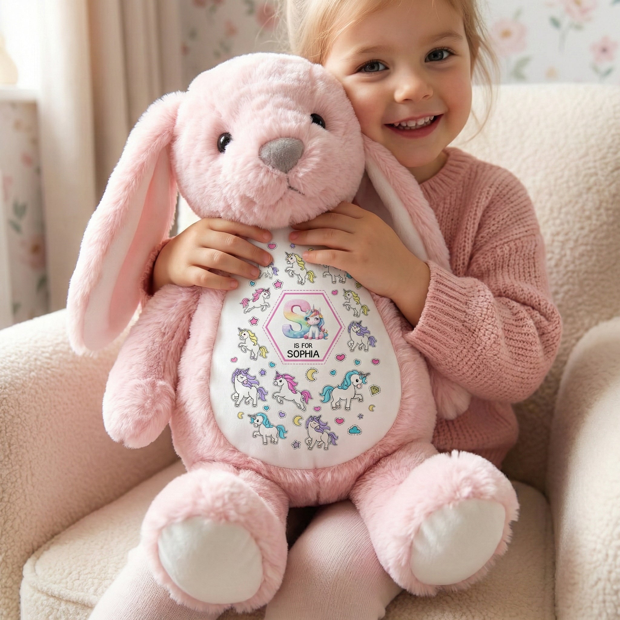 Gift-For-Kid-Construction,-Monster-Truck,-Unicorn-Letter-Personalized-Bunny-Plush-2