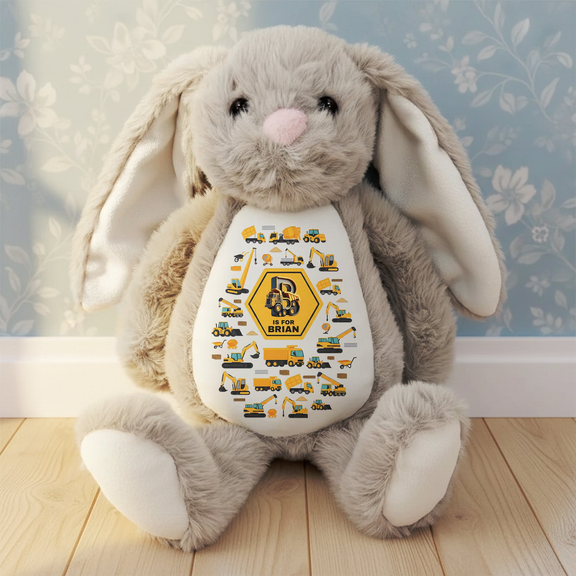 Gift-For-Kid-Construction,-Monster-Truck,-Unicorn-Letter-Personalized-Bunny-Plush-3
