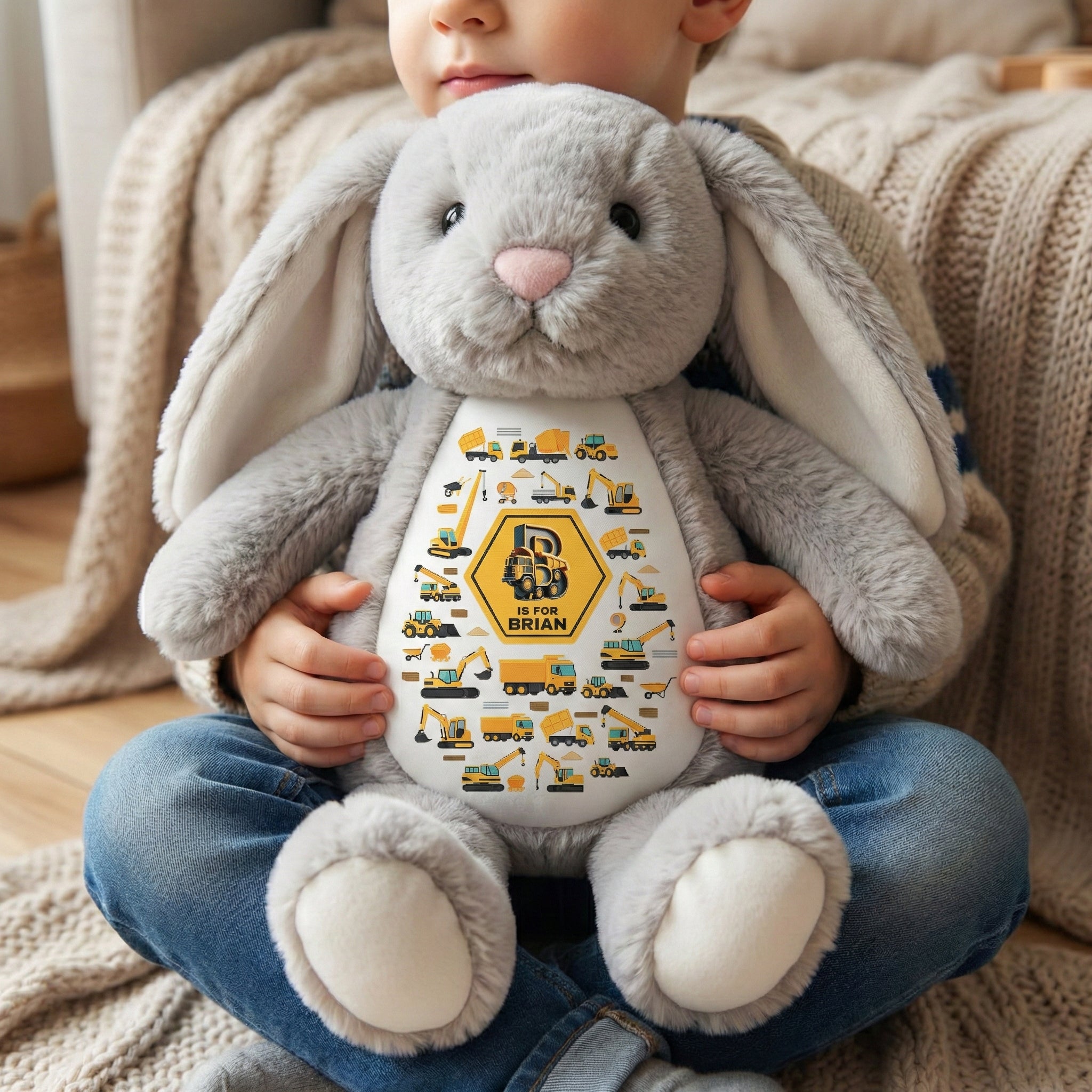 Gift-For-Kid-Construction,-Monster-Truck,-Unicorn-Letter-Personalized-Bunny-Plush-4