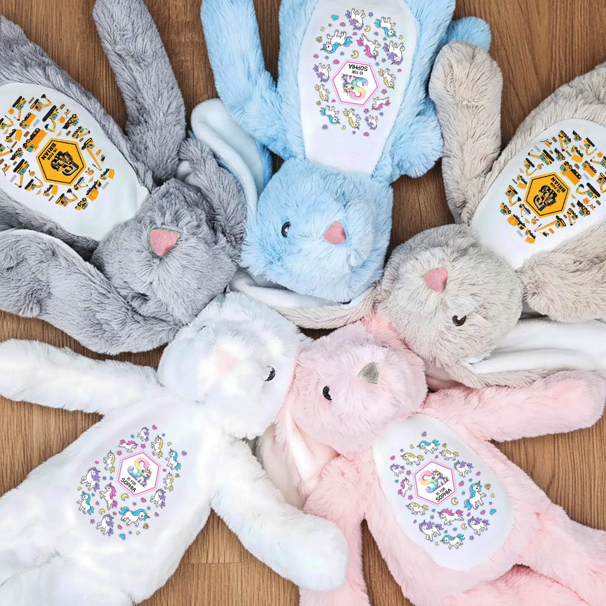 Gift-For-Kid-Construction,-Monster-Truck,-Unicorn-Letter-Personalized-Bunny-Plush-5