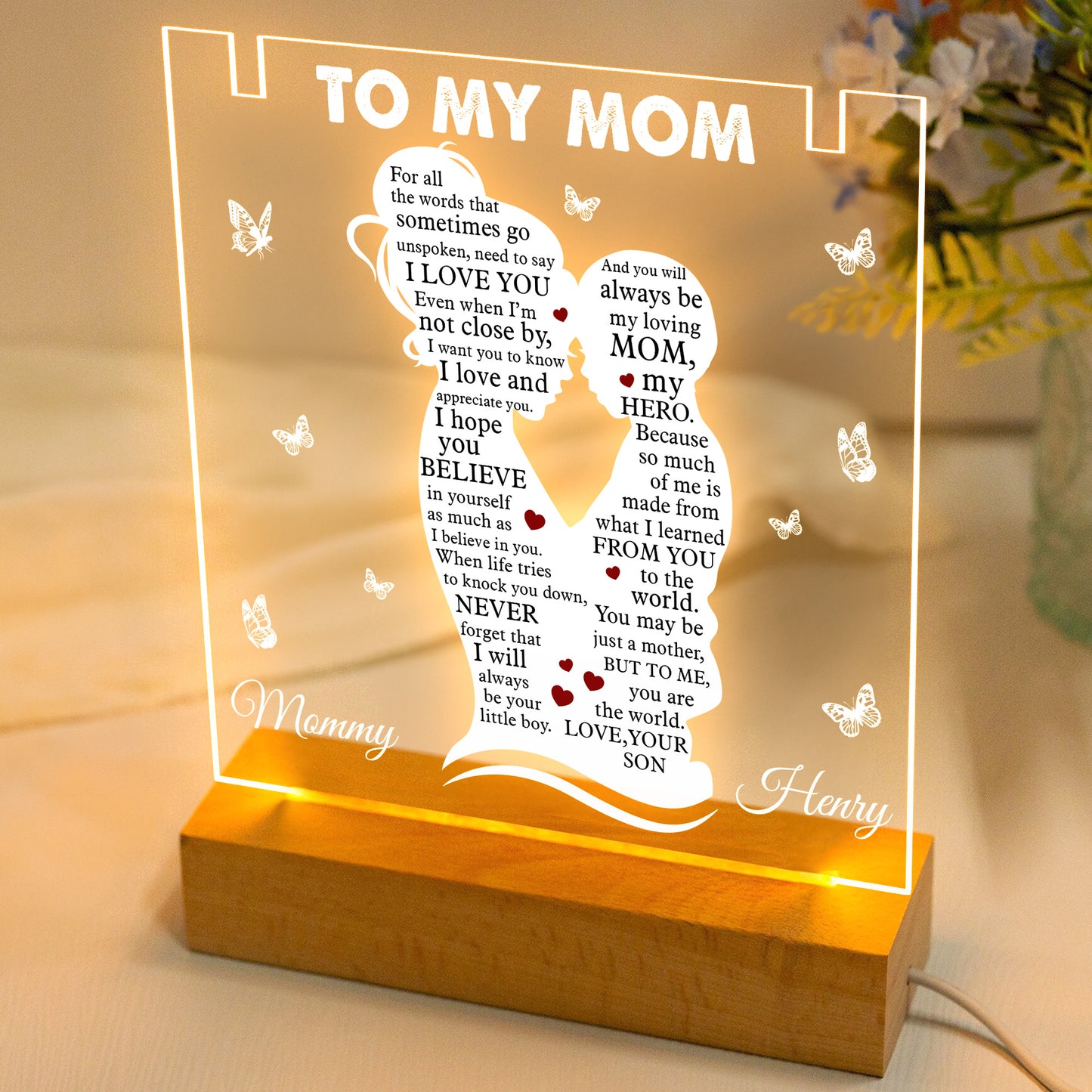 Gifts For Mom From Daughter/Son - Personalized LED Light Acrylic Plaque With Infinity Necklace