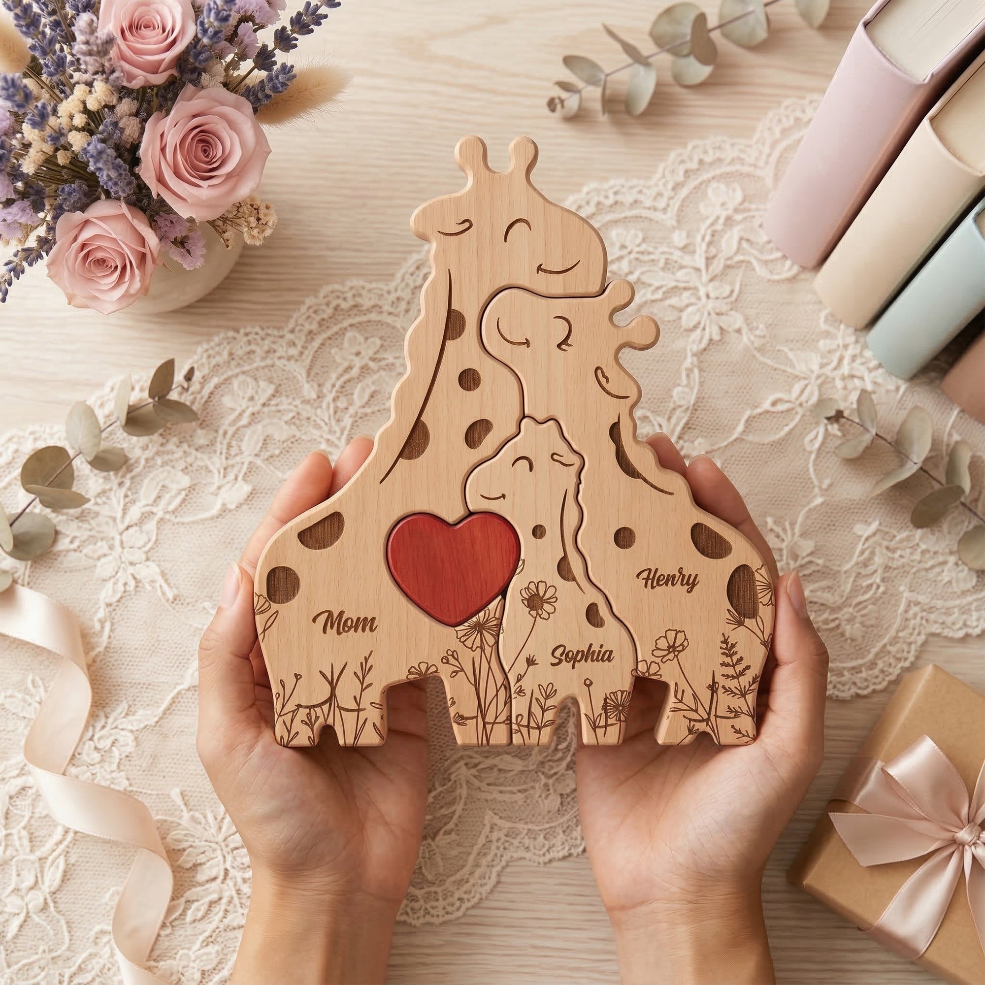 Giraffe-- Family - Personalized -Wooden- Giraffe- Family- Puzzle 3