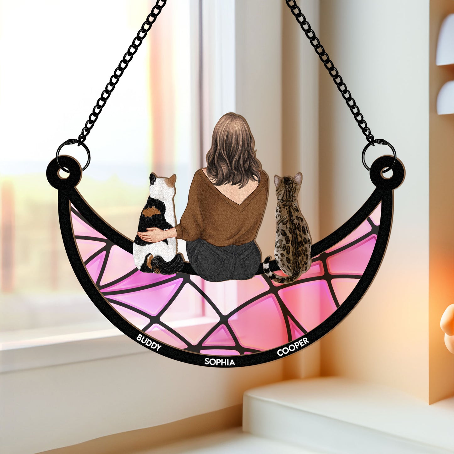 Girl And Cat Sitting On The Moon - Personalized Suncatcher Ornament