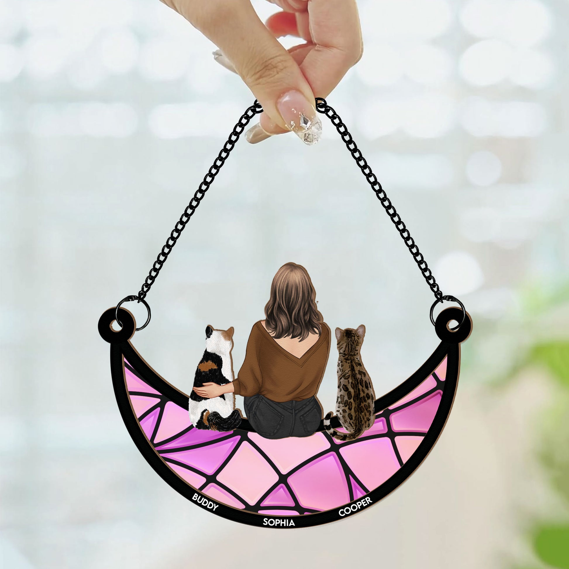Girl And Cat Sitting On The Moon - Personalized Suncatcher Ornament