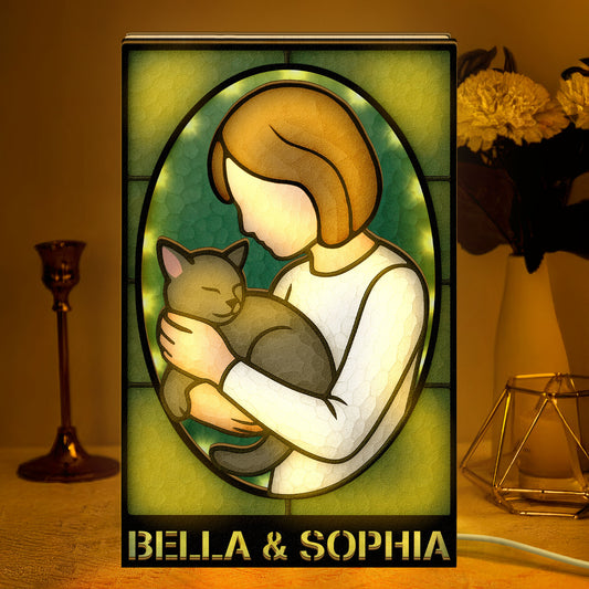 Girl And Her Cat - Personalized LED Night Lamp