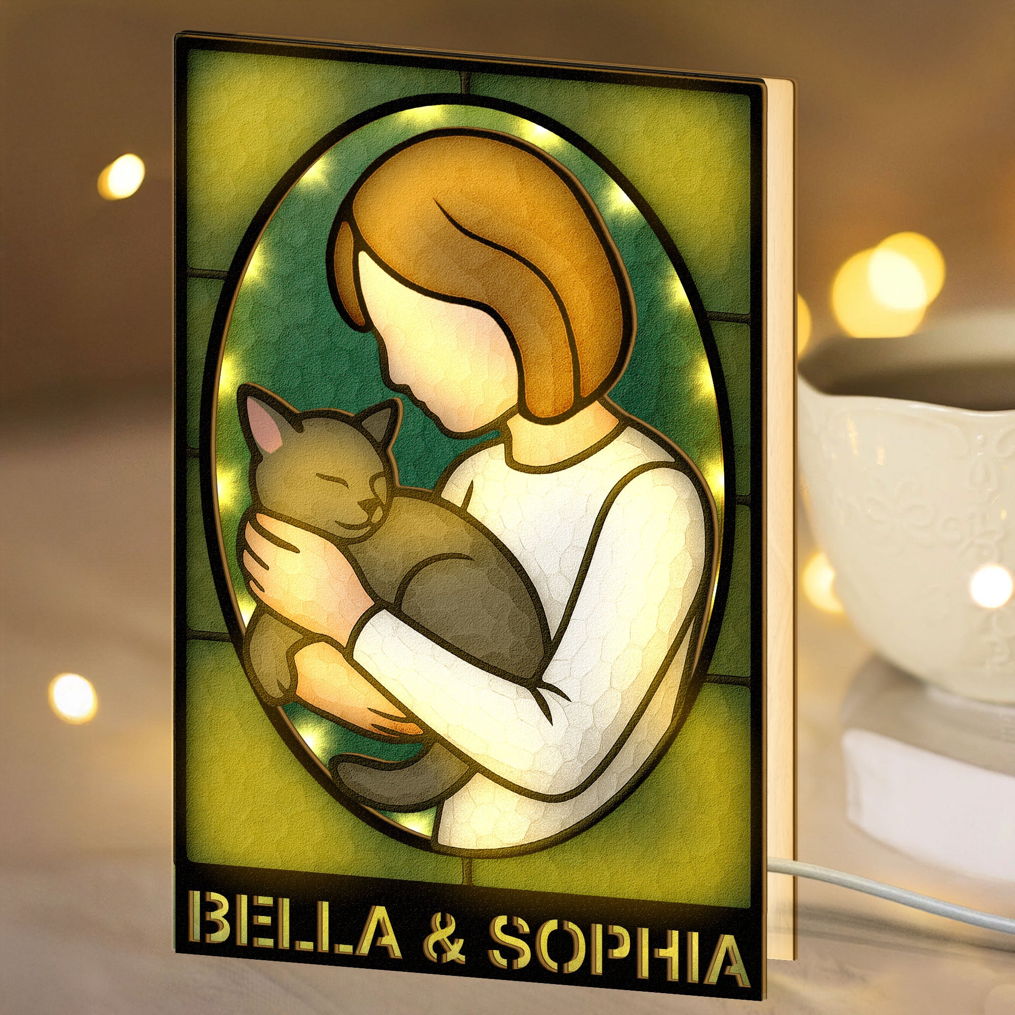 Girl And Her Cat - Personalized LED Night Lamp