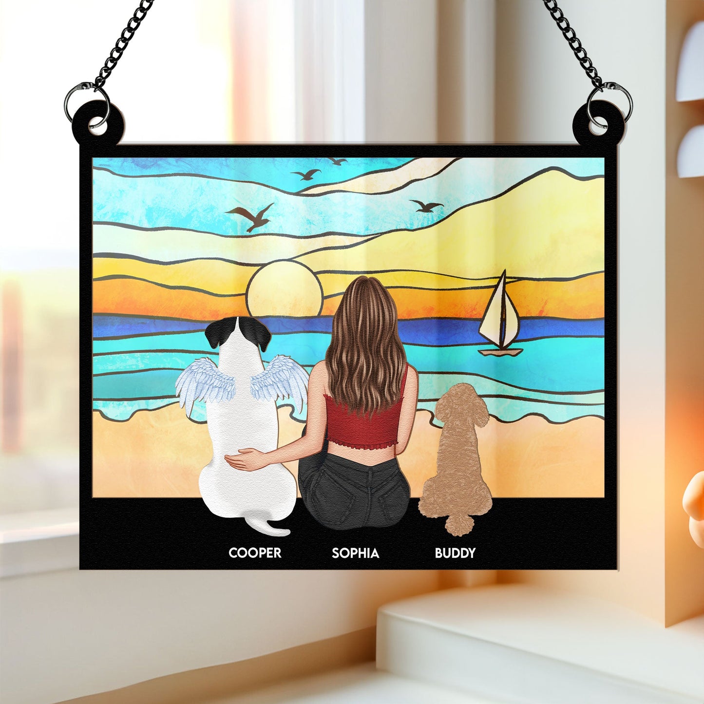 Girl And Her Dog On The Beach - Personalized Window Hanging Suncatcher Ornament