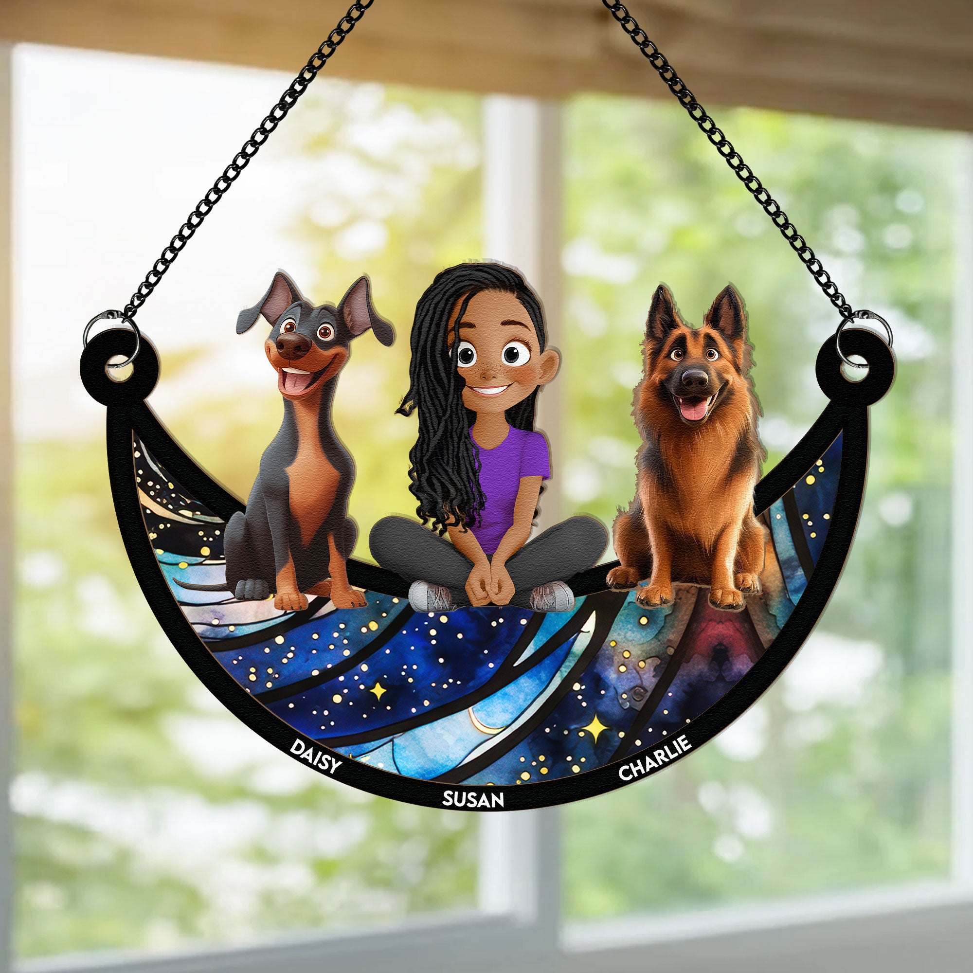 Girl And Her Dogs - Personalized Window Hanging Suncatcher Ornament - Gift For Daughter