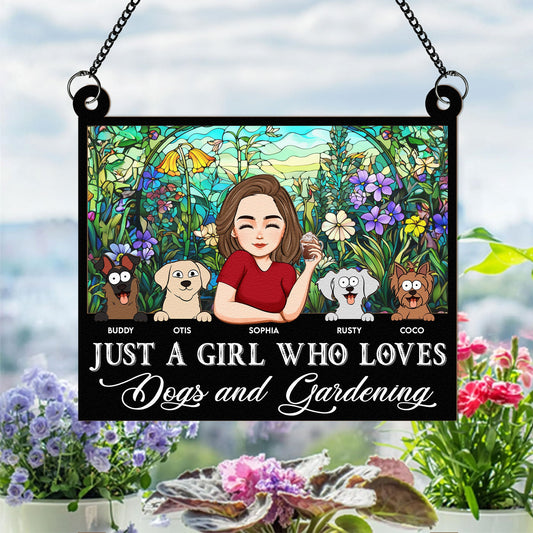 Girl Who Loves Dogs And Gardening - Personalized Window Hanging Suncatcher Ornament