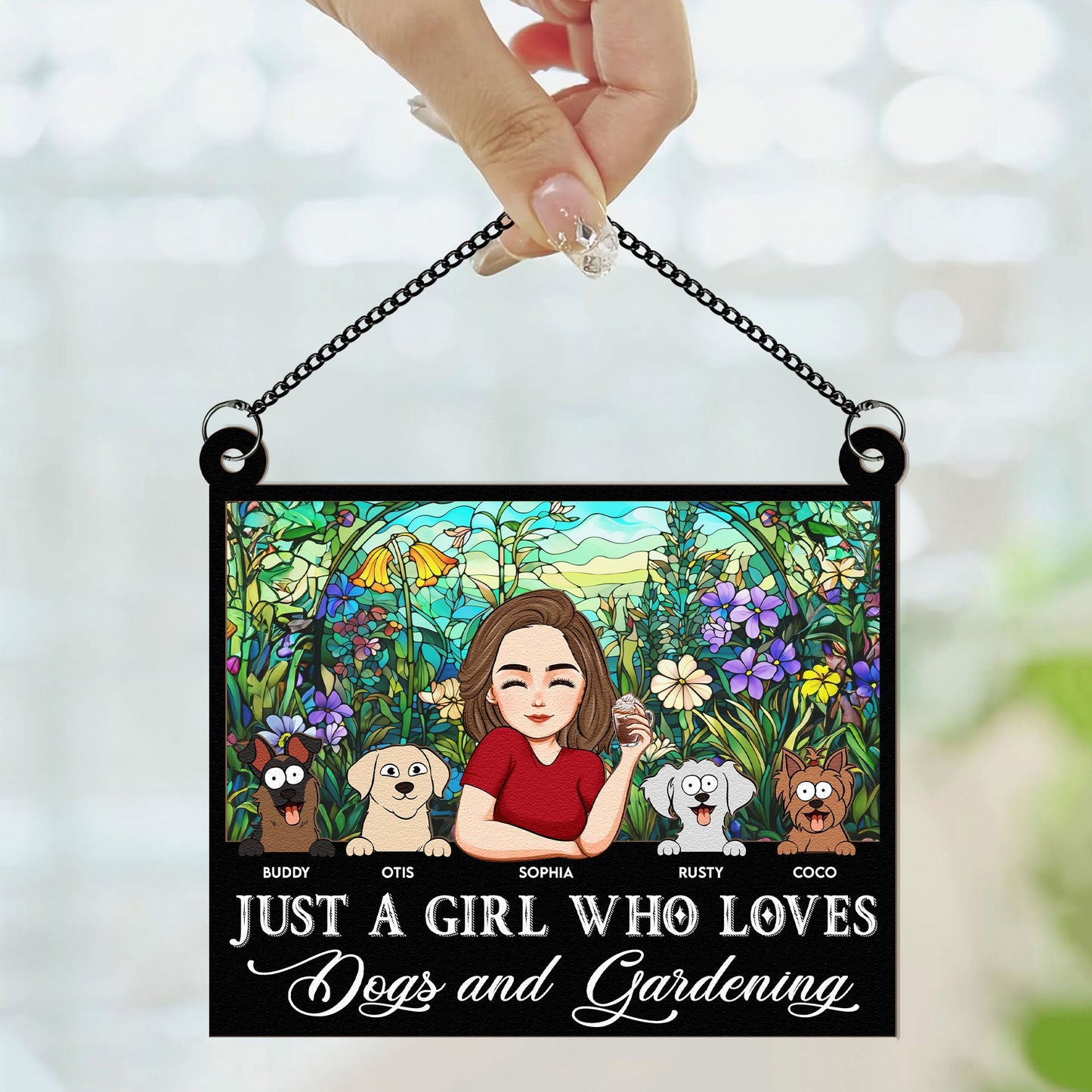 Girl Who Loves Dogs And Gardening - Personalized Window Hanging Suncatcher Ornament