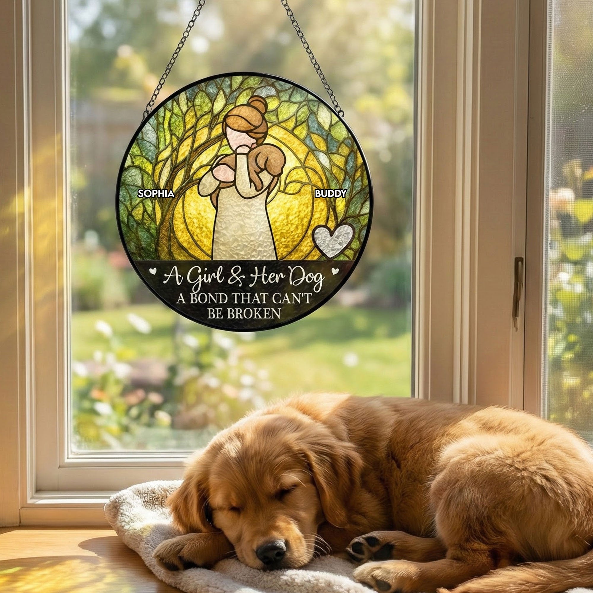 Girl & Dog A Bond Can't Be Broken - Personalized Stained Glass Window Hanging Suncatcher