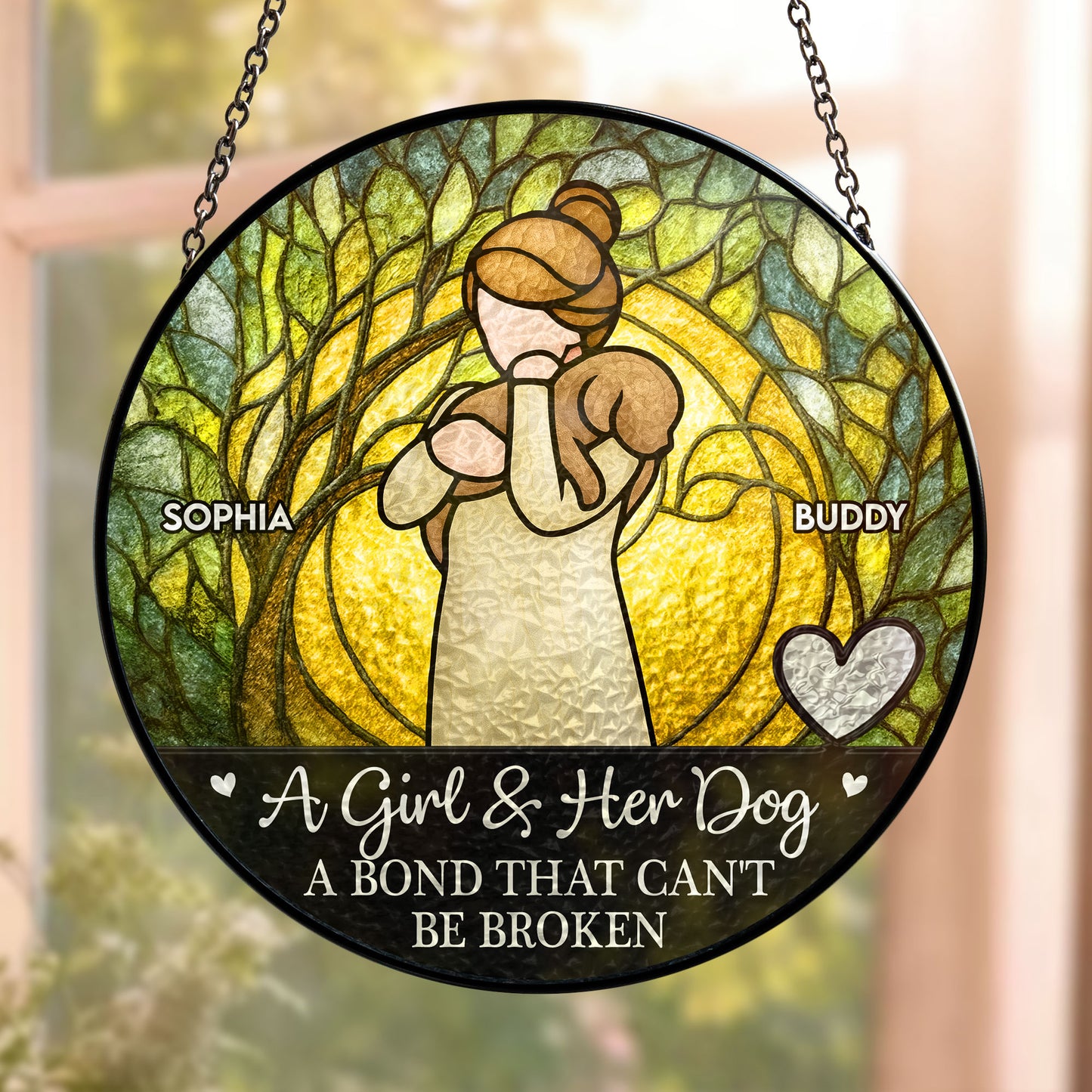 Girl & Dog A Bond Can't Be Broken - Personalized Stained Glass Window Hanging Suncatcher