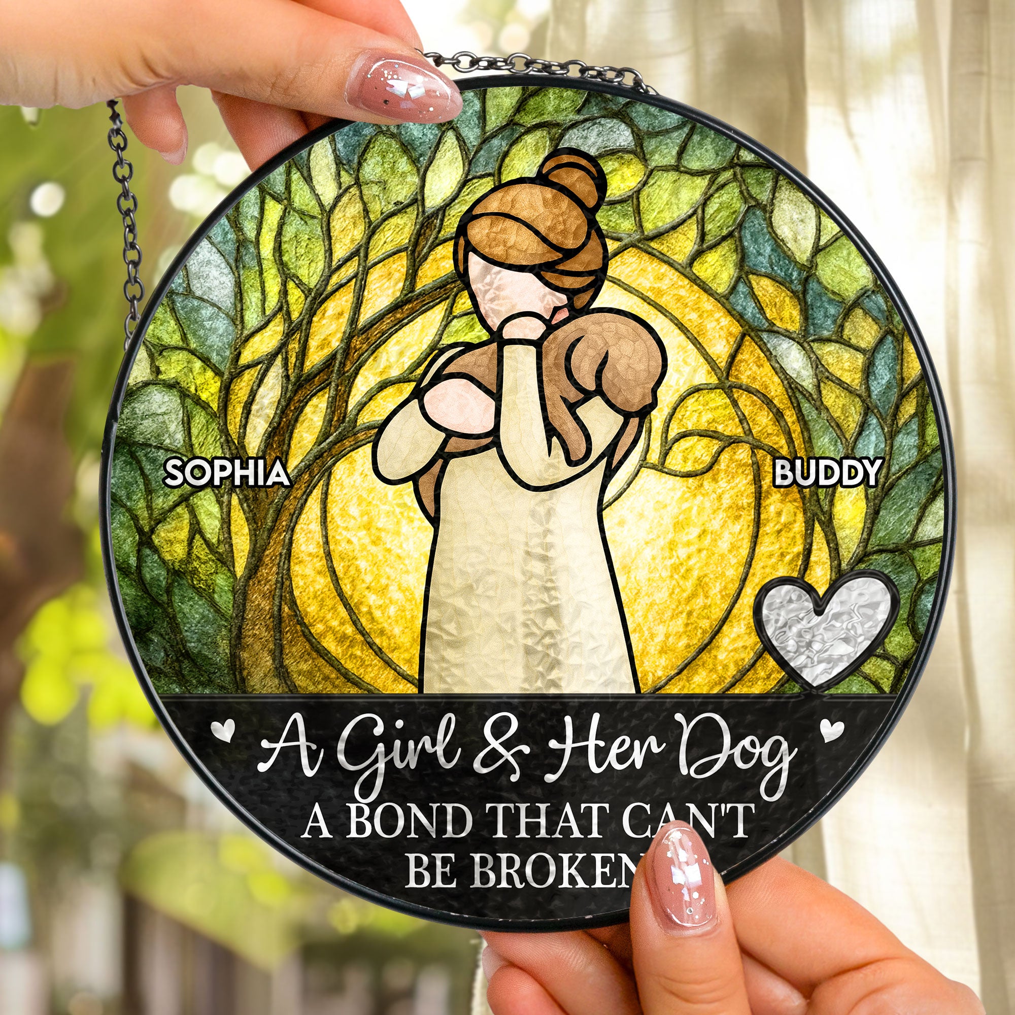 Girl & Dog A Bond Can't Be Broken - Personalized Stained Glass Window Hanging Suncatcher