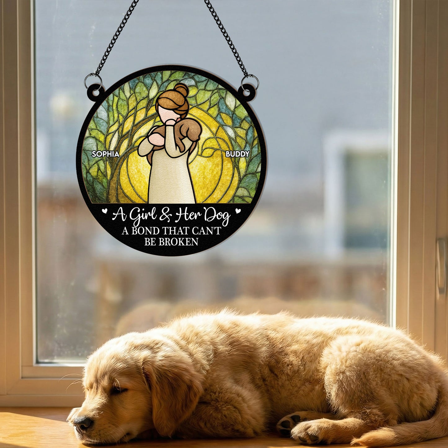 Girl & Her Dog A Bond That Can't Be Broken - Personalized Window Hanging Suncatcher Ornament