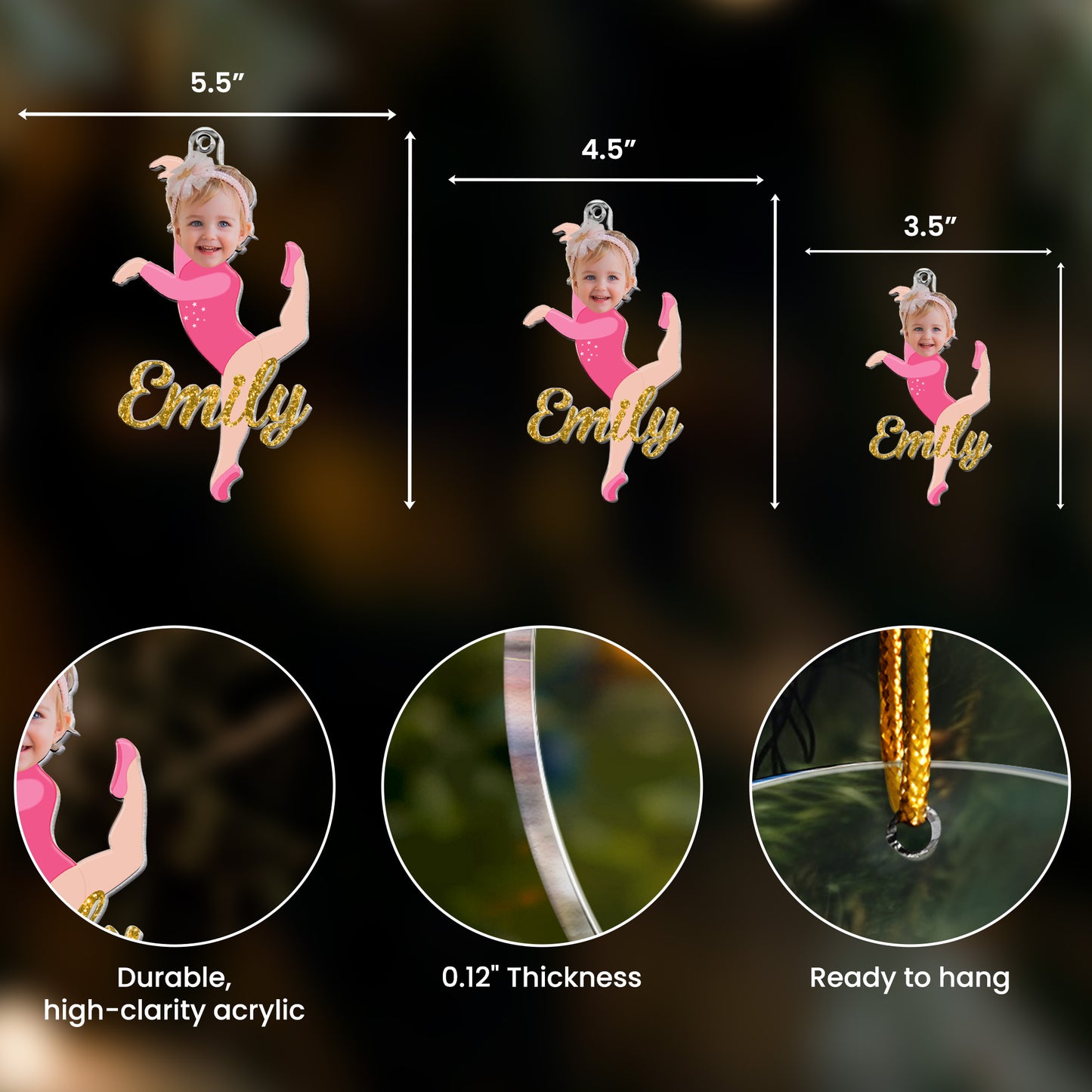 Girls Gymnastic Christmas Ornament - Personalized Acrylic Photo Ornament