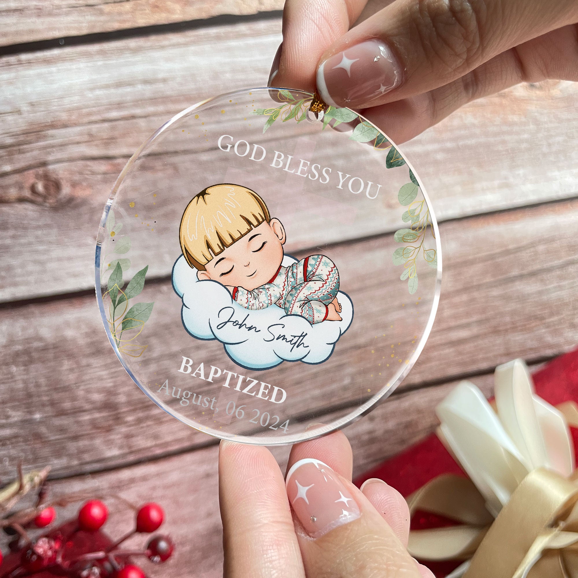 God Bless You Baptism Gift - Personalized Circle Acrylic Ornament